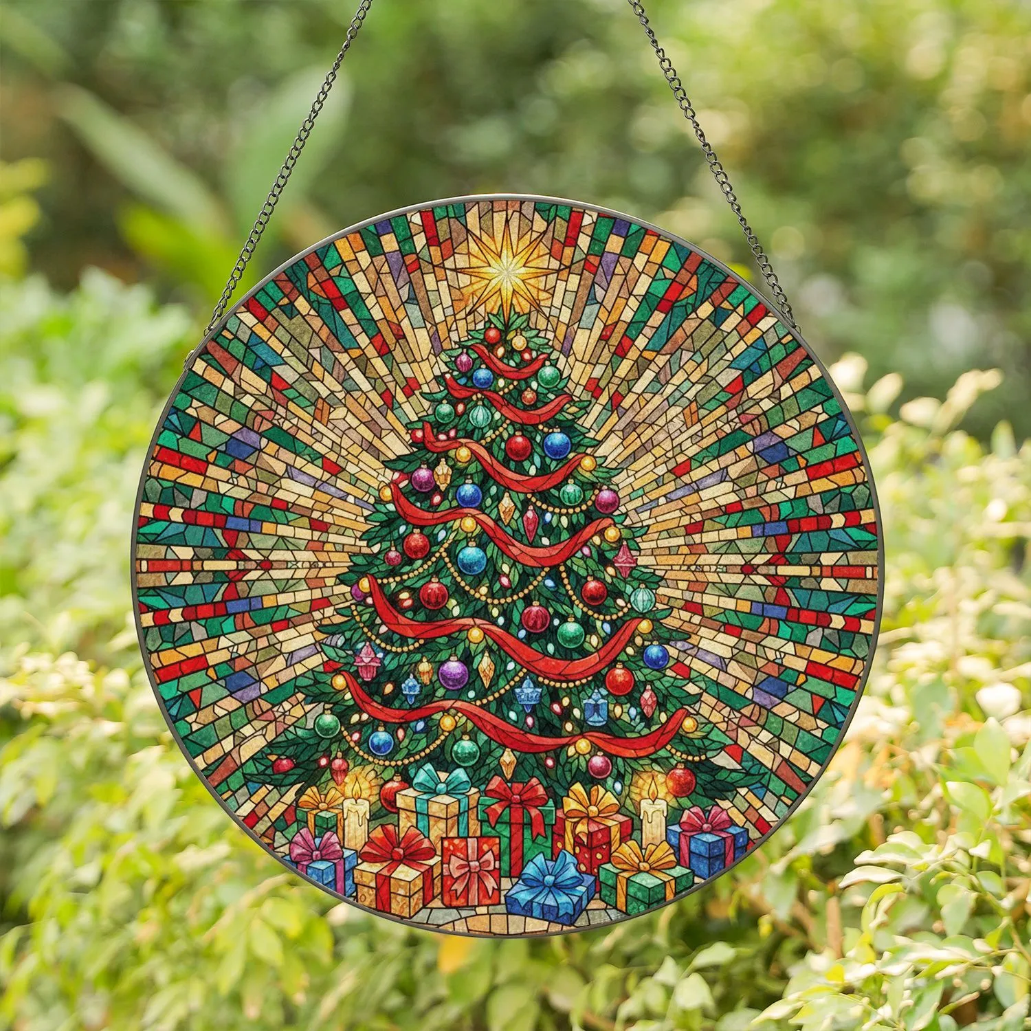 Tiffany Style Stained Glass Christmas Tree Gifts Candles Golden Star - Holiday Decor Stained Glass Suncatcher - 1