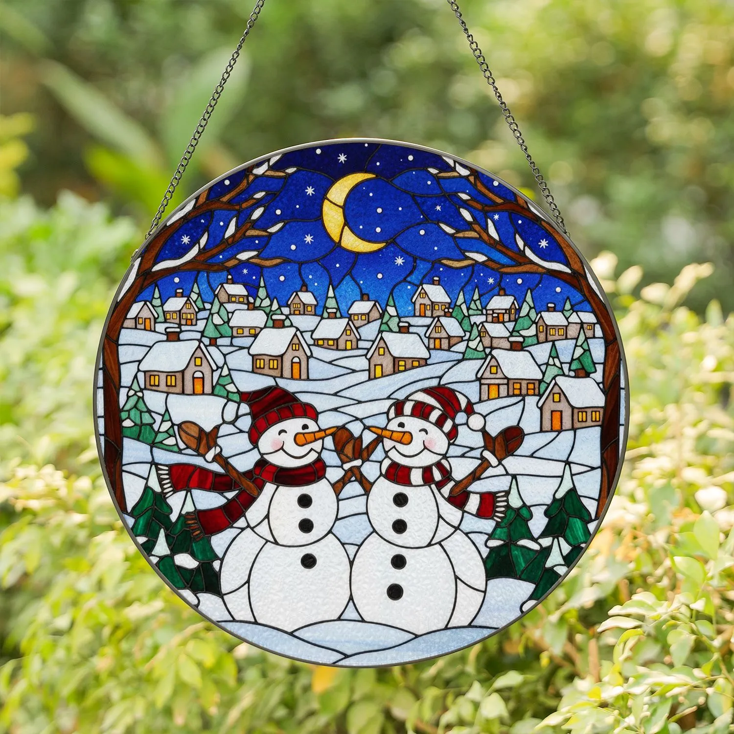 Snowmen Winter Village Night Sky Crescent Moon - Tiffany Glass Christmas Holiday Decor Stained Glass Suncatcher - 1