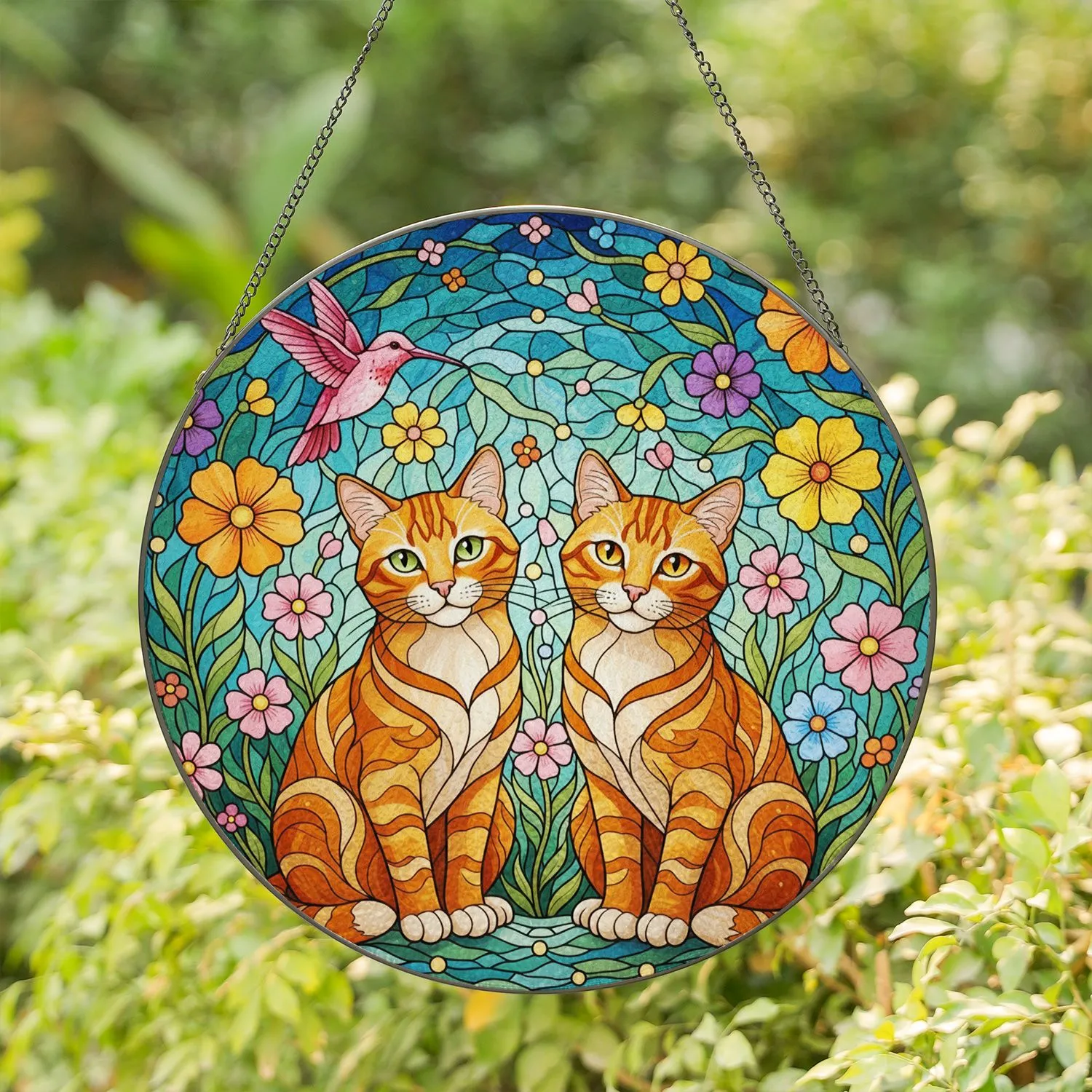 Orange Tabby Cats Wildflower Hummingbird Stained Glass Mosaic - Cat Lover Decor Gift Stained Glass Suncatcher - 1