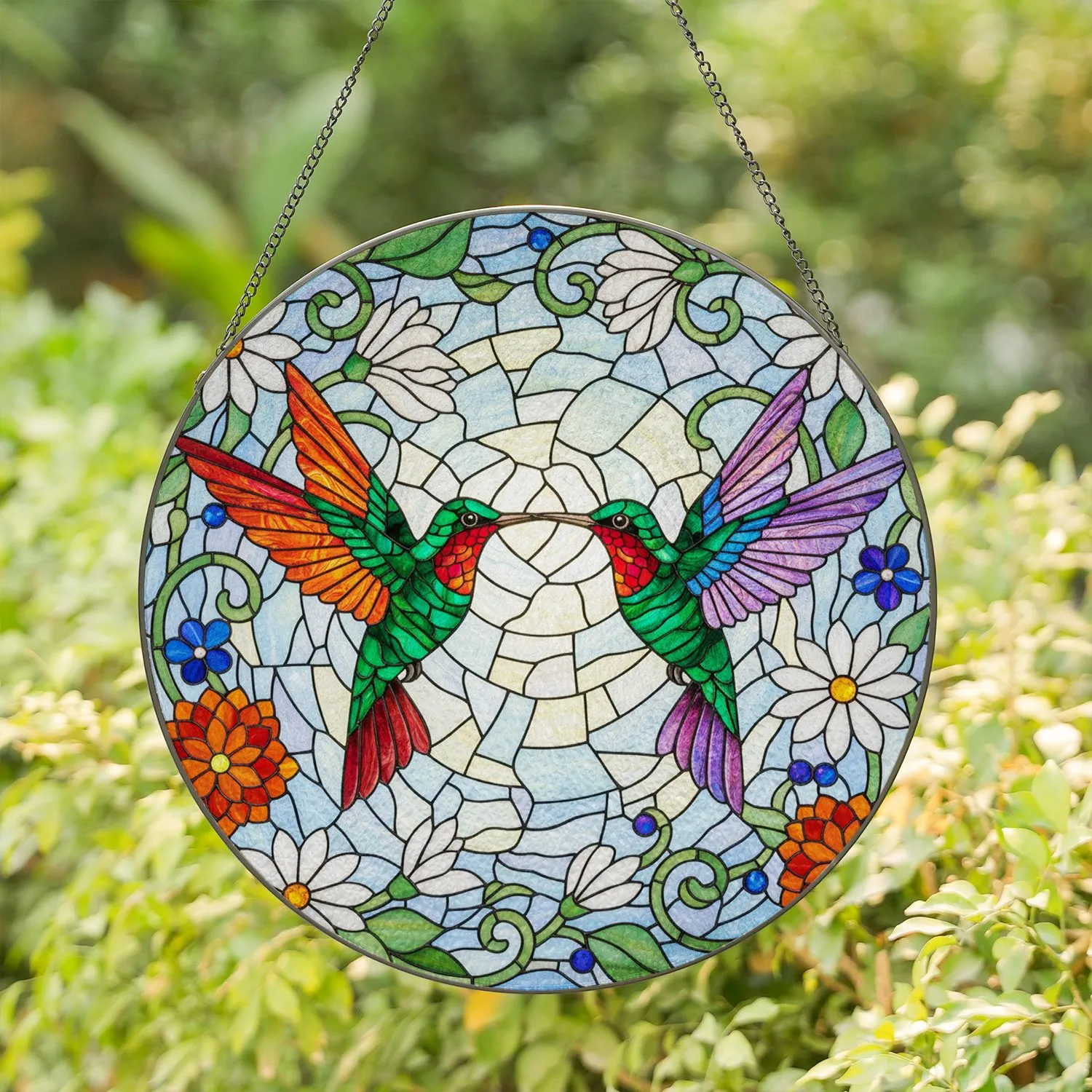 Emerald Ruby Amethyst Hummingbirds Stained Glass Art - Tiffany Jewel Tone Floral Mosaic Stained Glass Suncatcher - 1