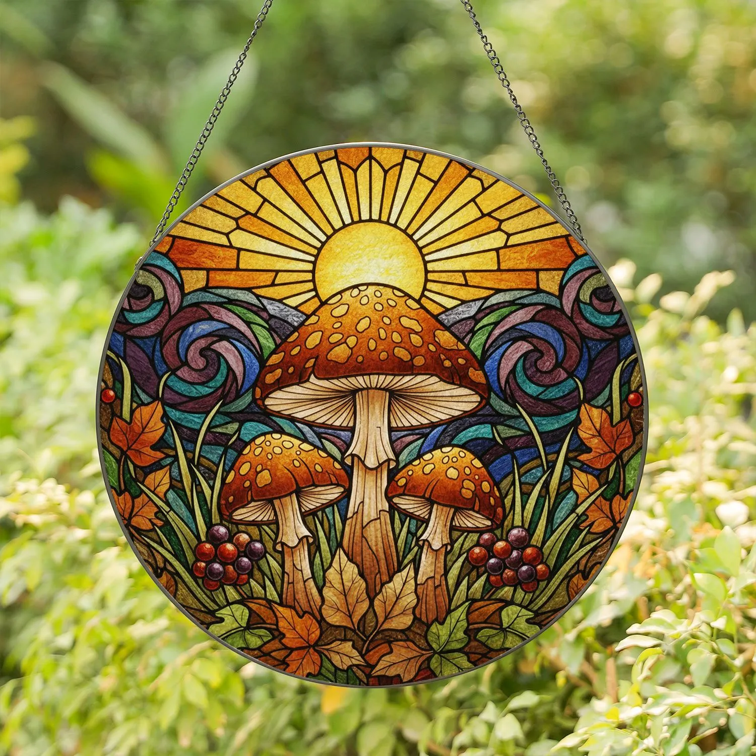 Tiffany Style Stained Glass Mushrooms Speckled Caps Radiant Sunburst Forest Water Scene Stained Glass Suncatcher - 1