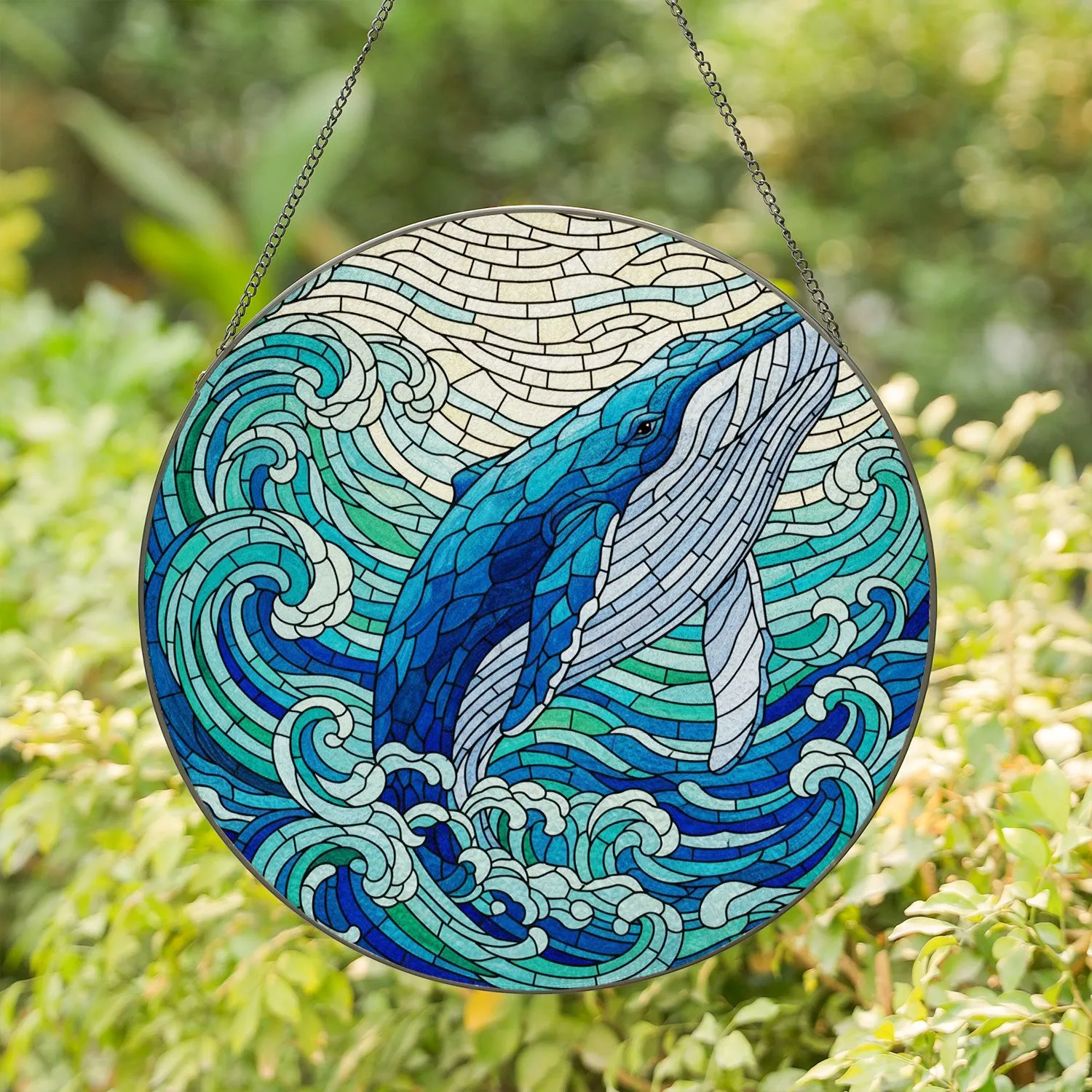 Intricate Colorful Blue Whale Stained Glass Ocean Waves Mosaic - Tiffany Style Art Stained Glass Suncatcher - 1