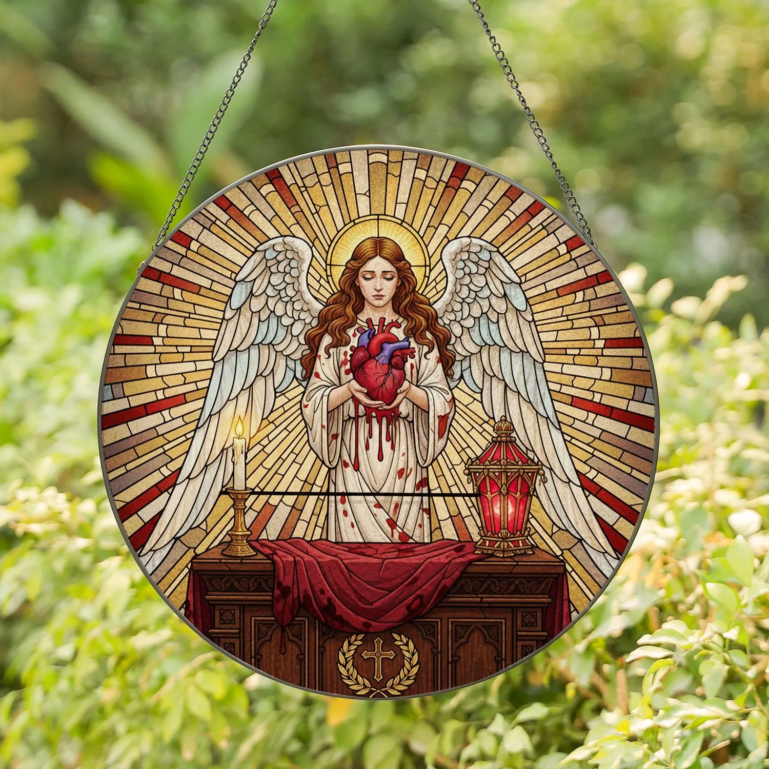 Angel Bleeding Heart Stained Glass Art - Ornate Altar, Candle, Lantern & Cross Mosaic Stained Glass Suncatcher - 1