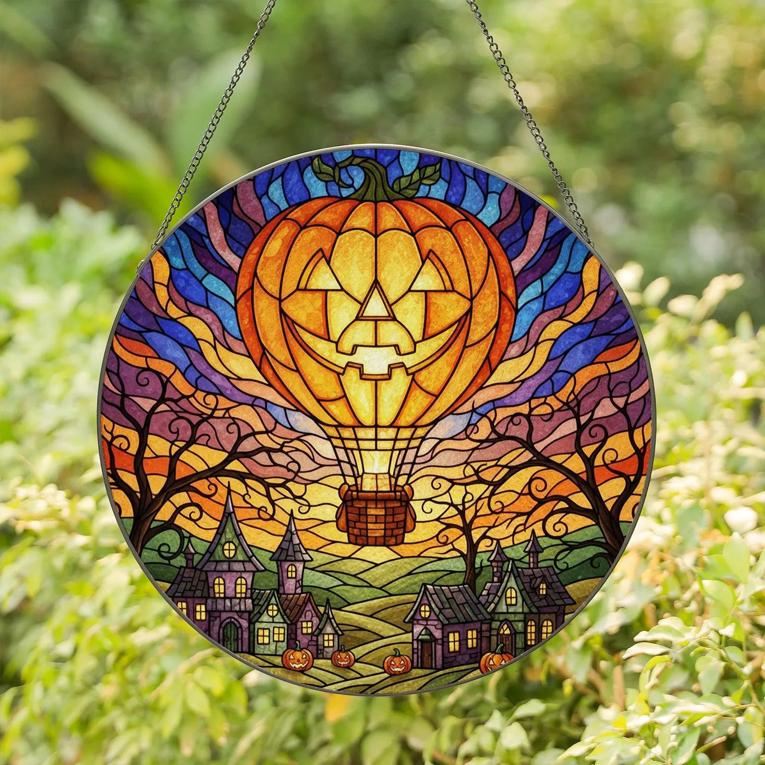 Jack-o'-lantern Hot Air Balloon Halloween Village Stained Glass Pumpkin Art - Halloween Decor Stained Glass Suncatcher - 1