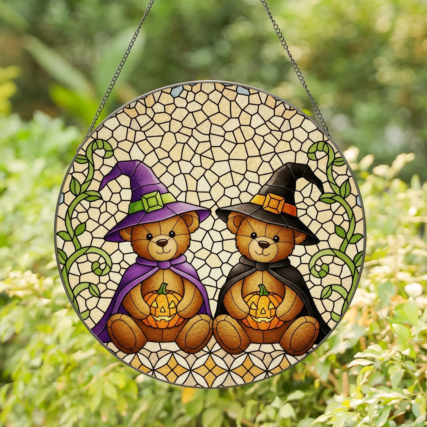 Stained Glass Halloween Teddy Bear Witches Jack-O-Lantern Art - Spooky Holiday Gift Stained Glass Suncatcher - 1