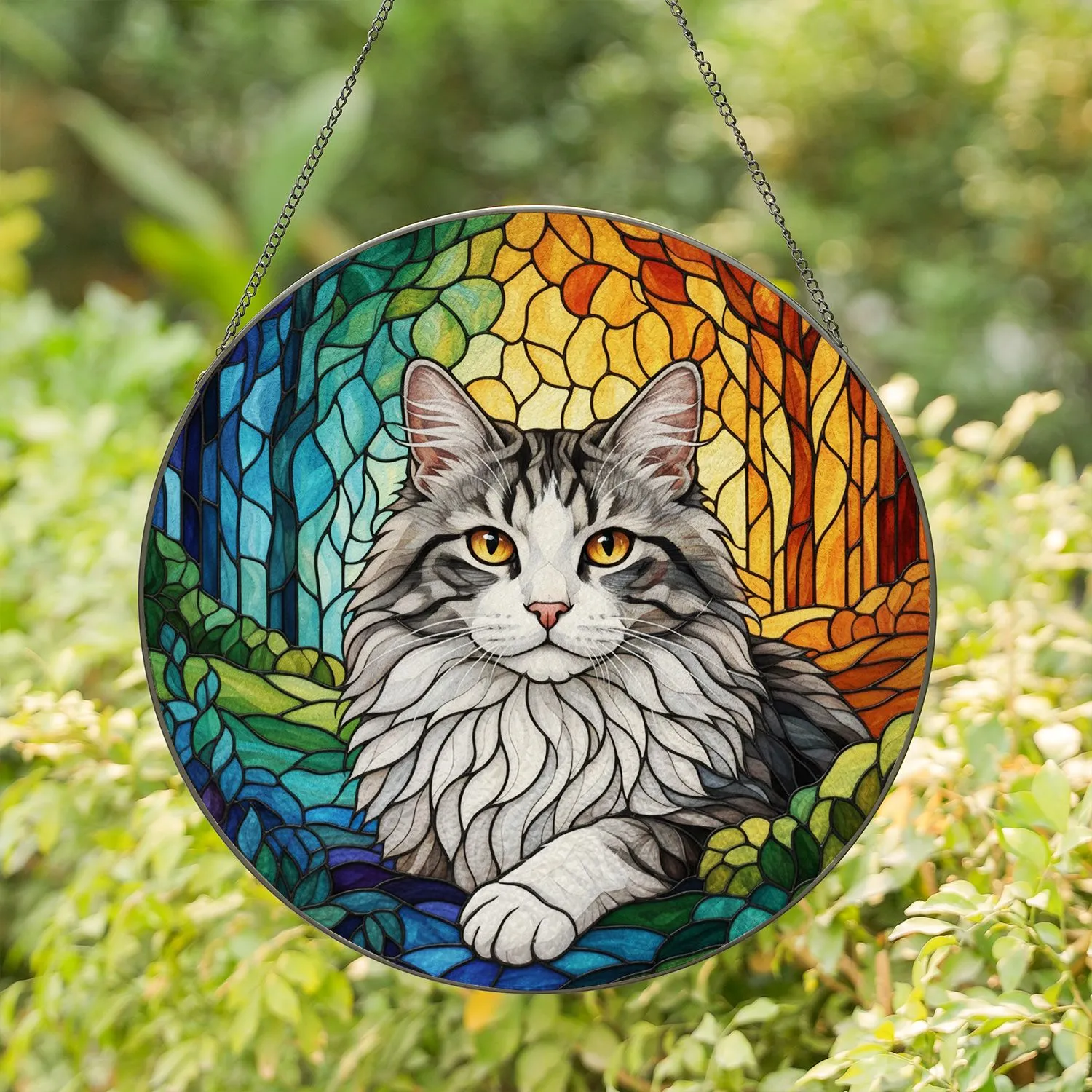 Fluffy Tabby Cat Stained Glass Mosaic Art - Intricate Amber Blue Green Jewel Tones Stained Glass Suncatcher - 1