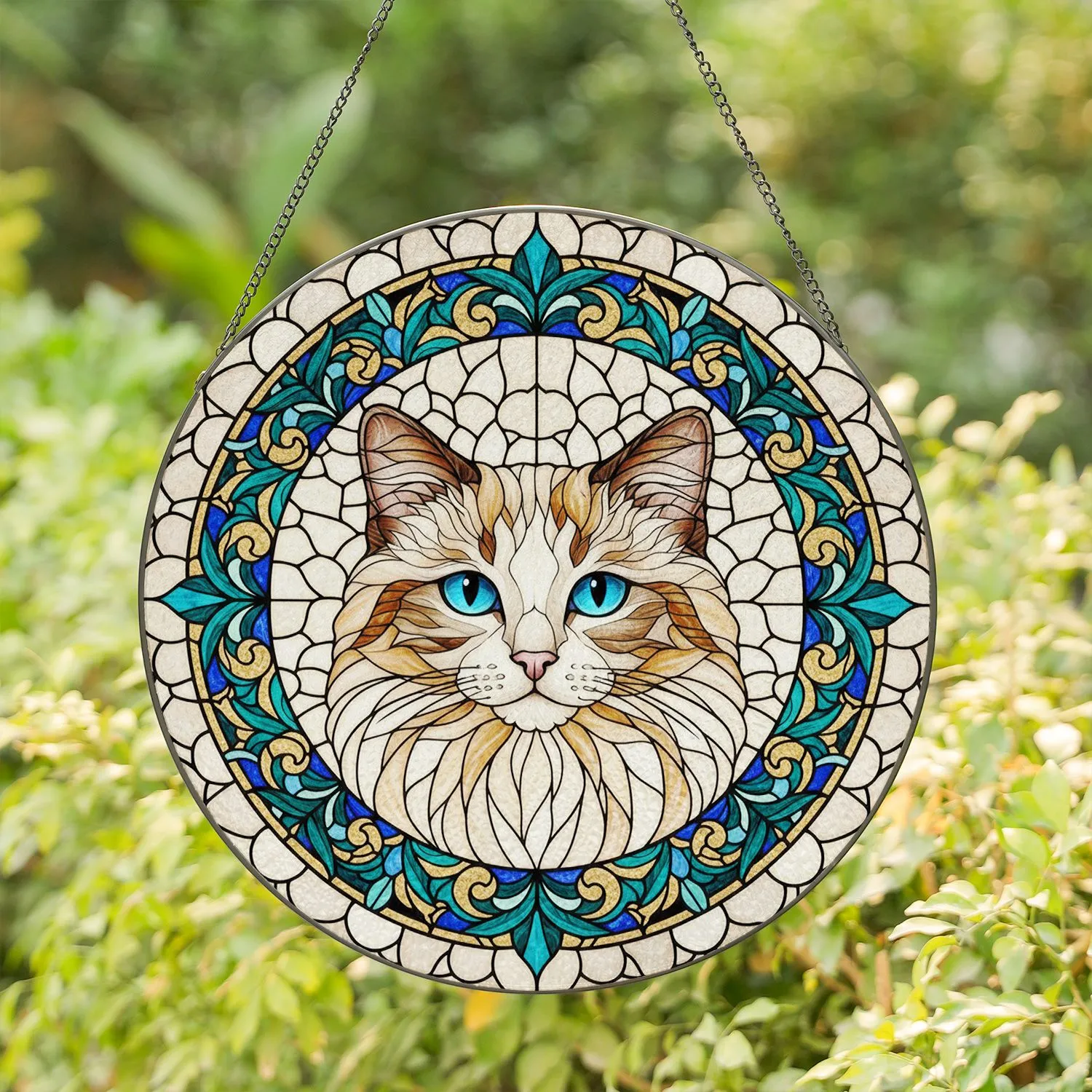 Ragdoll Cat Tiffany Style Stained Glass Mosaic Blue Eyes Teal Gold Swirls White Cream Fur Stained Glass Suncatcher - 1