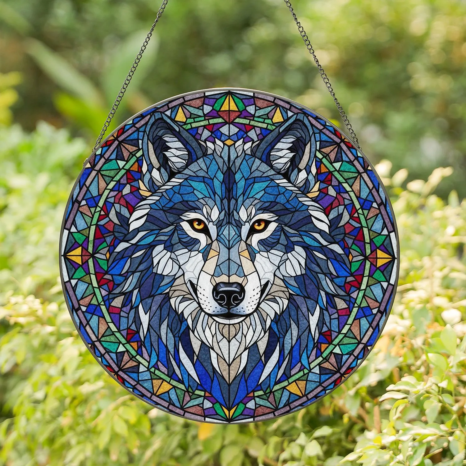 Majestic Wolf Head Geometric Stained Glass Mosaic - Intricate Tiffany Style Jewel Tones Stained Glass Suncatcher - 1