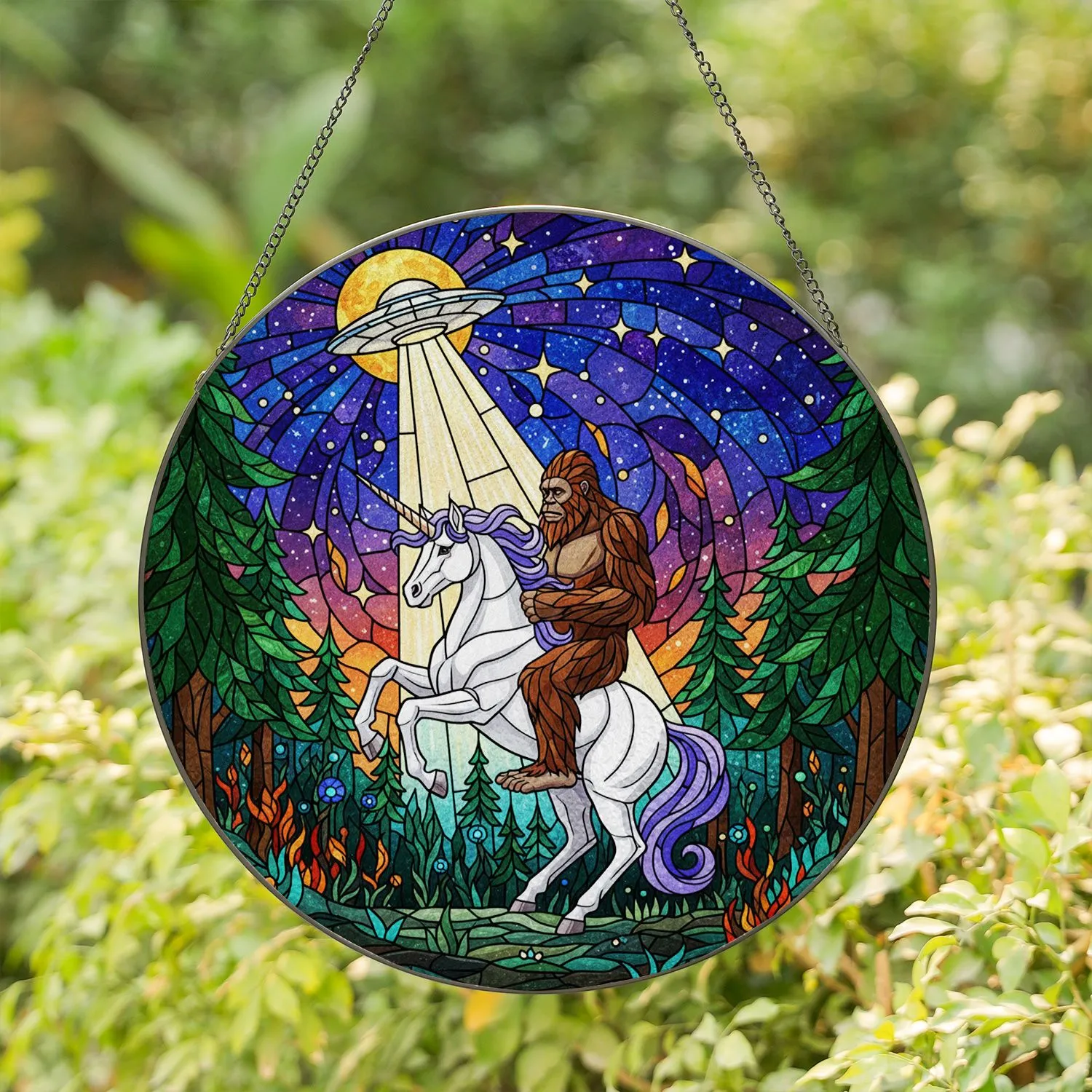 Bigfoot Riding Unicorn Flying Saucer Stained Glass Cosmic Night Sky Full Moon Pine Forest Stained Glass Suncatcher - 1