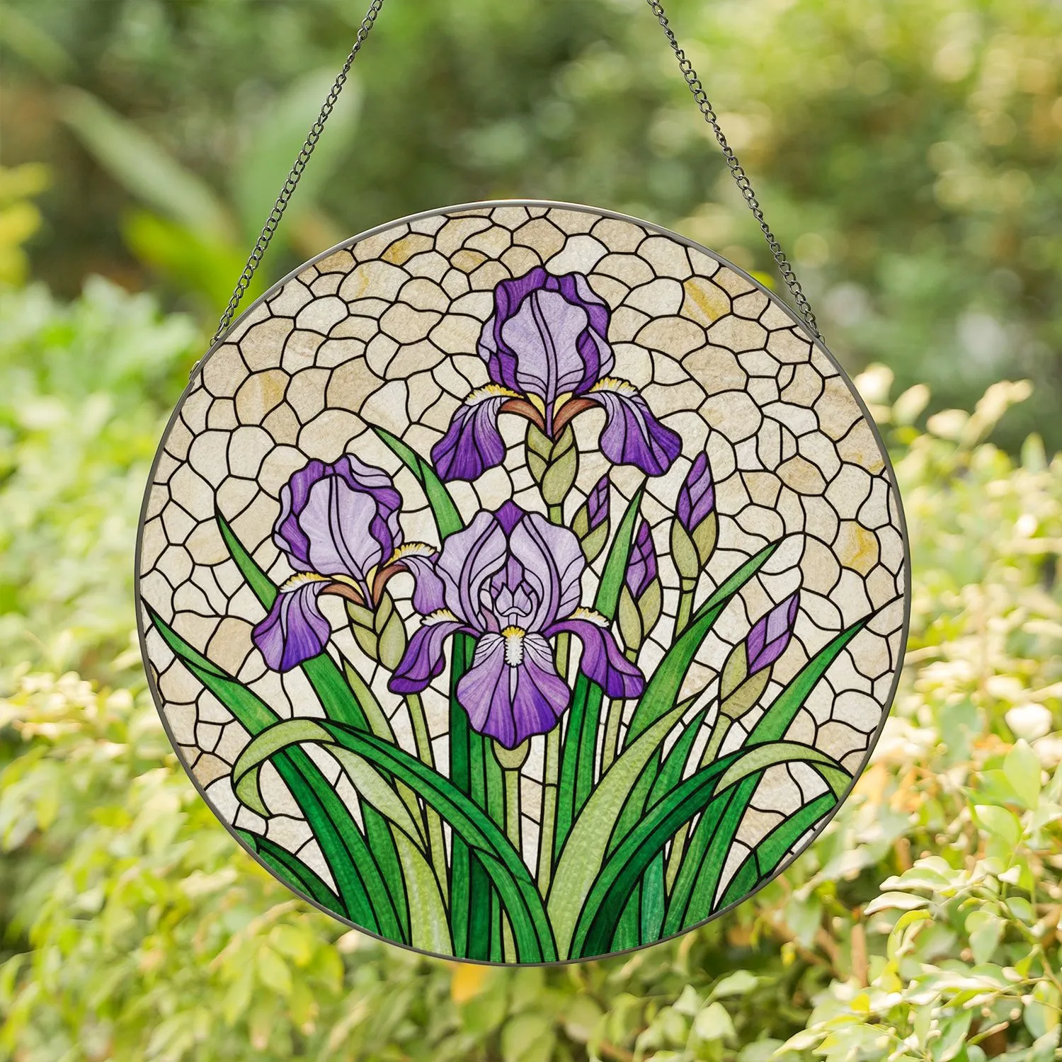 Blooming Purple Iris Flowers Stained Glass Mosaic Art Tiffany Style Home Decor Gift Stained Glass Suncatcher - 1