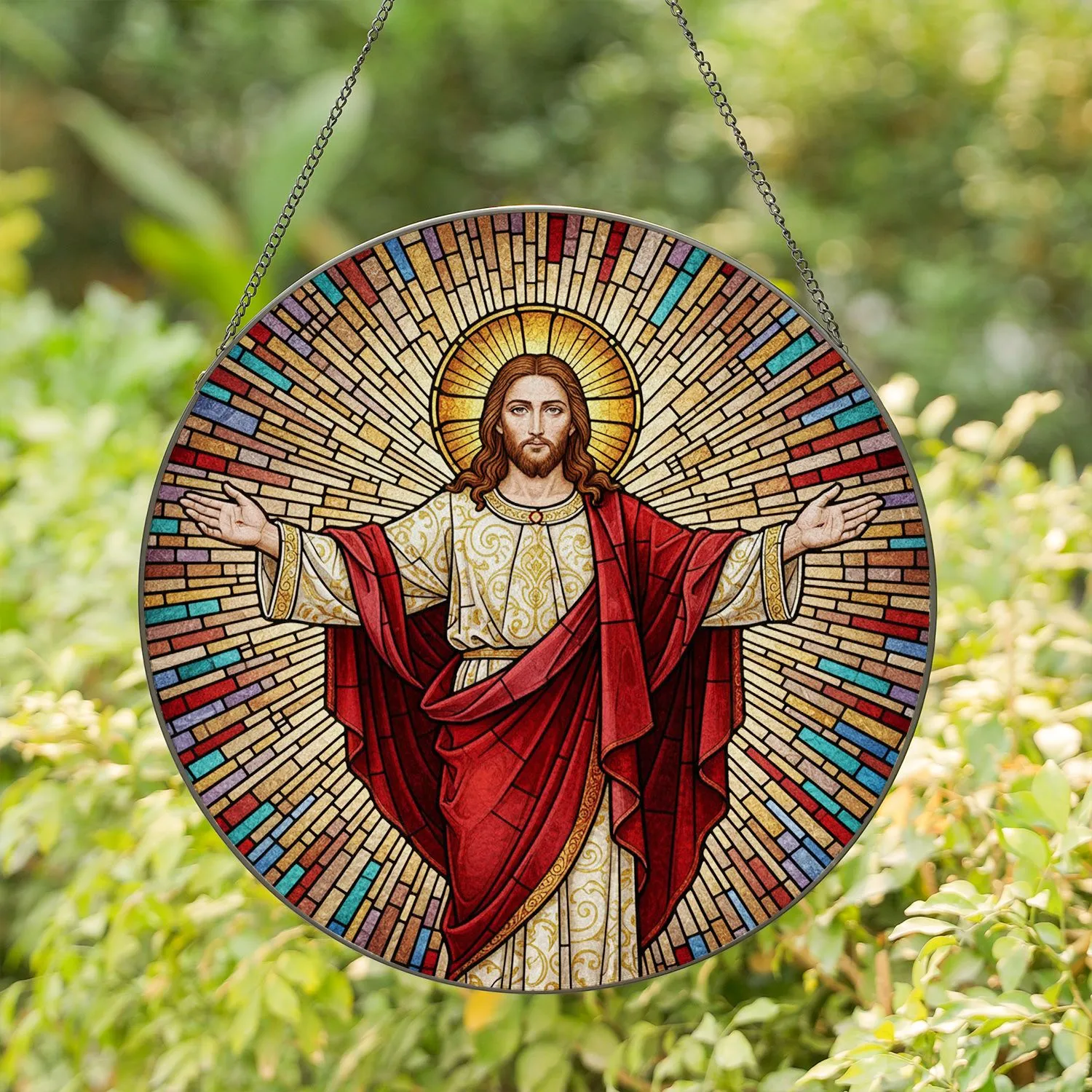 Jesus Christ Geometric Mosaic - Tiffany Style Stained Glass Faith Art Gift Decor Stained Glass Suncatcher - 1