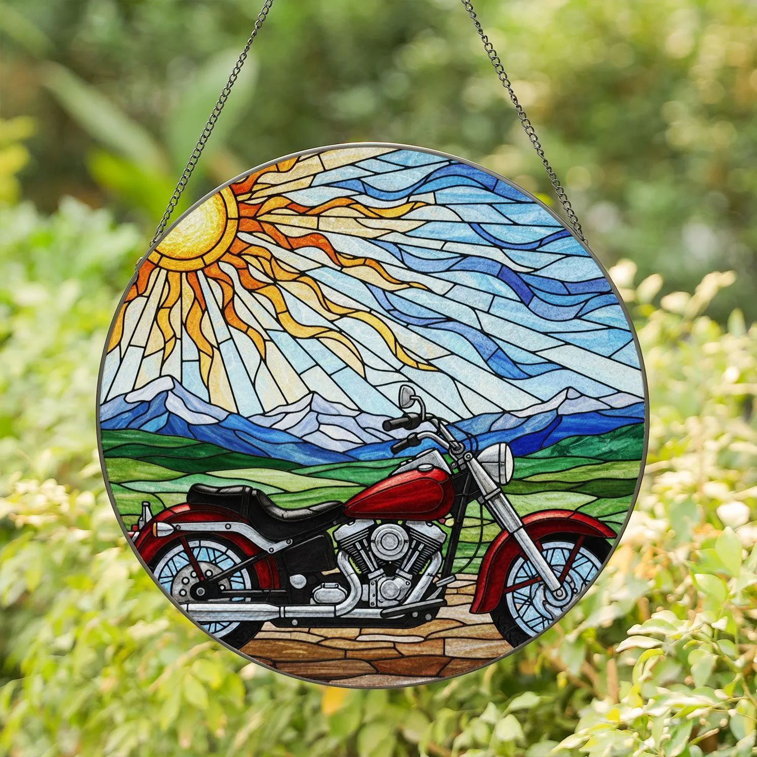Cruiser Motorcycle Stained Glass Art - Radiant Sun Landscape Tiffany Style Jewel Tones Stained Glass Suncatcher - 1