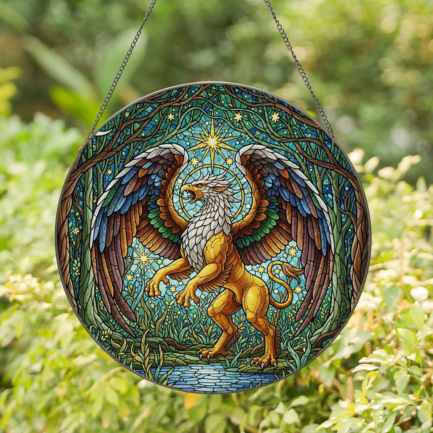 Gryphon Stained Glass Celestial Forest Moon Stars - Glowing Tiffany Style Jewel Tones Stained Glass Suncatcher - 1