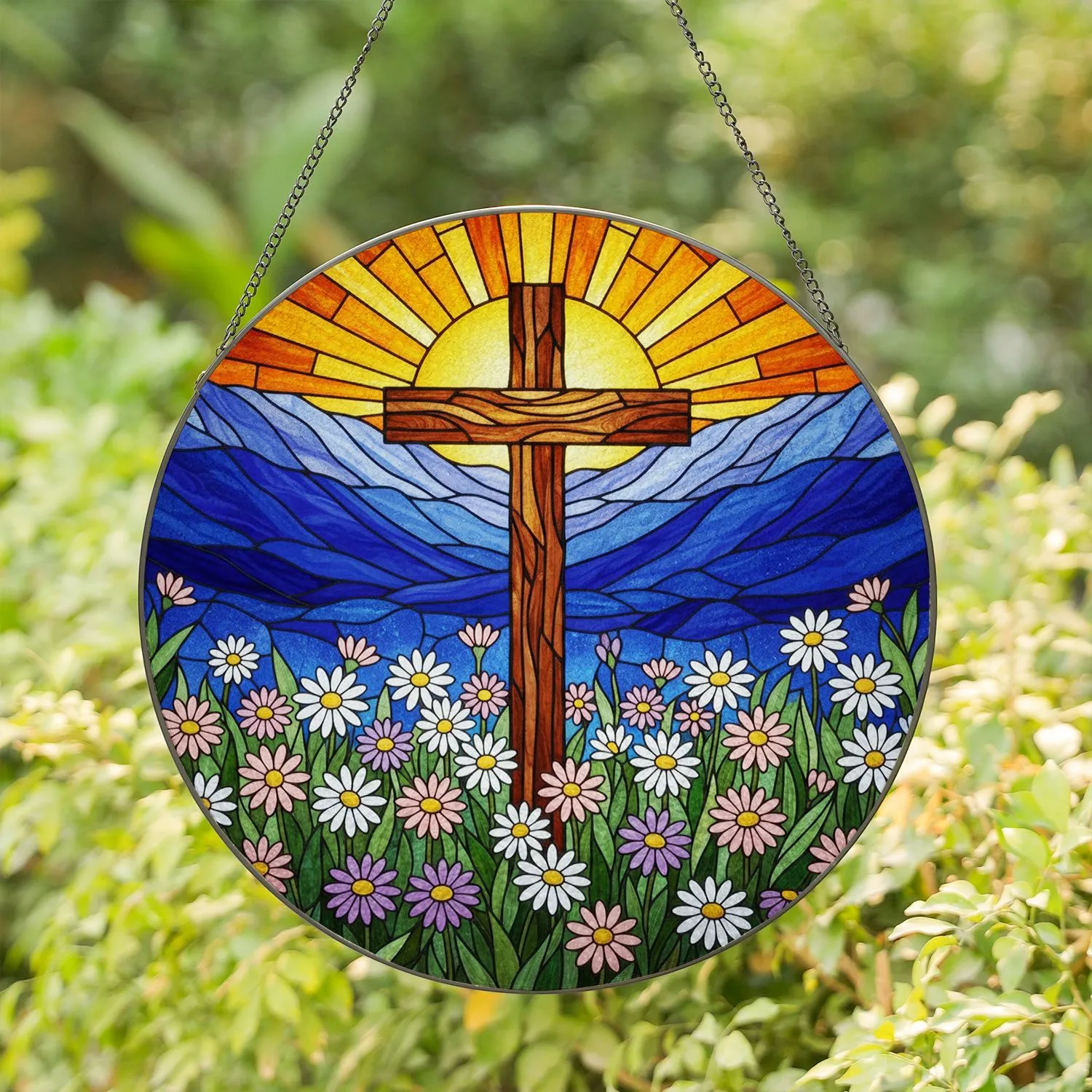 Highly Detailed Jewel Tone Rustic Wooden Cross, Daisy Field, Mountain Sunburst Sky Stained Glass Suncatcher - 1