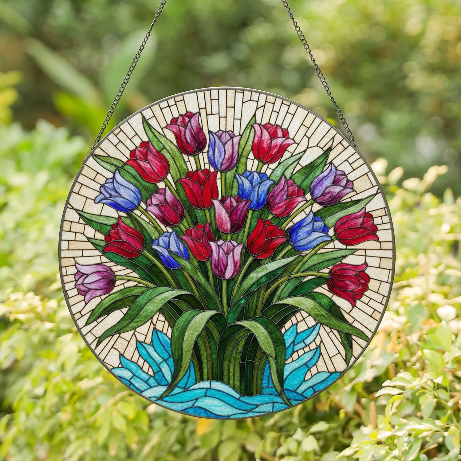 Jewel Tone Stained Glass Tulips Bouquet - Intricate Tiffany Mosaic Floral Art Decor Stained Glass Suncatcher - 1