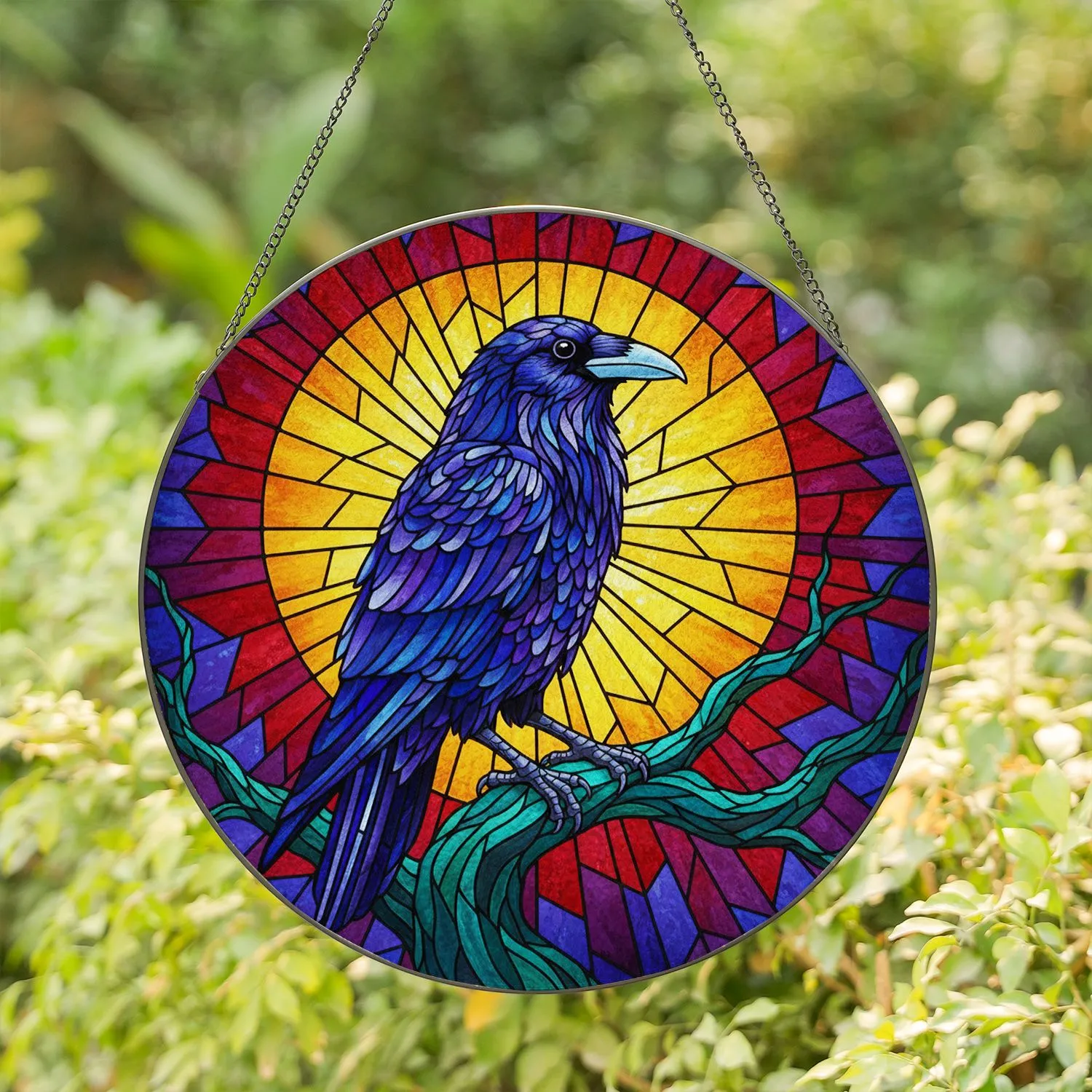 Raven Stained Glass Art - Iridescent Tiffany Style Sunburst Blue Purple Teal Jewel Tones Stained Glass Suncatcher - 1