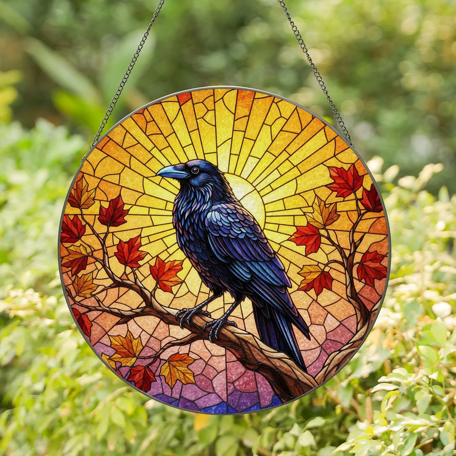 Black Crow Autumn Leaves Tiffany Stained Glass Sunset - Iridescent Jewel Tones Stained Glass Suncatcher - 1