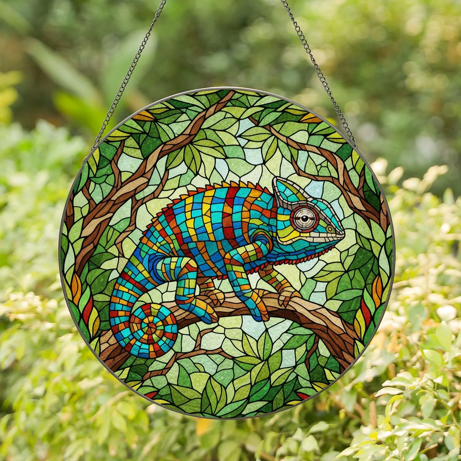 Chameleon Stained Glass Mosaic Art on Jungle Branch - Tiffany Style Window Decor Gift Stained Glass Suncatcher - 1