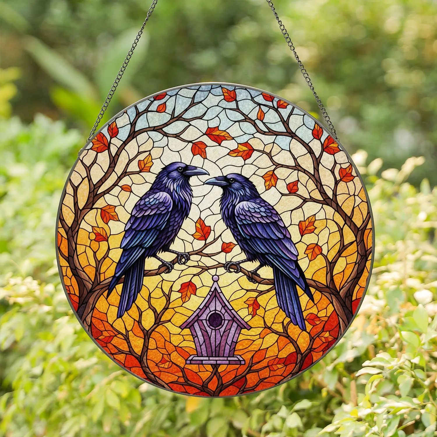 Black Ravens on Tree Branches Autumn Sunset Stained Glass Birdhouse - Jewel Tone Fall Decor Stained Glass Suncatcher - 1