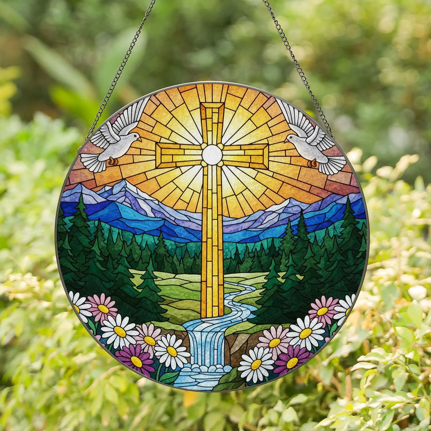 Golden Cross Doves Daisy Mountain River Waterfall Landscape - Christian Faith Art Gift Stained Glass Suncatcher - 1