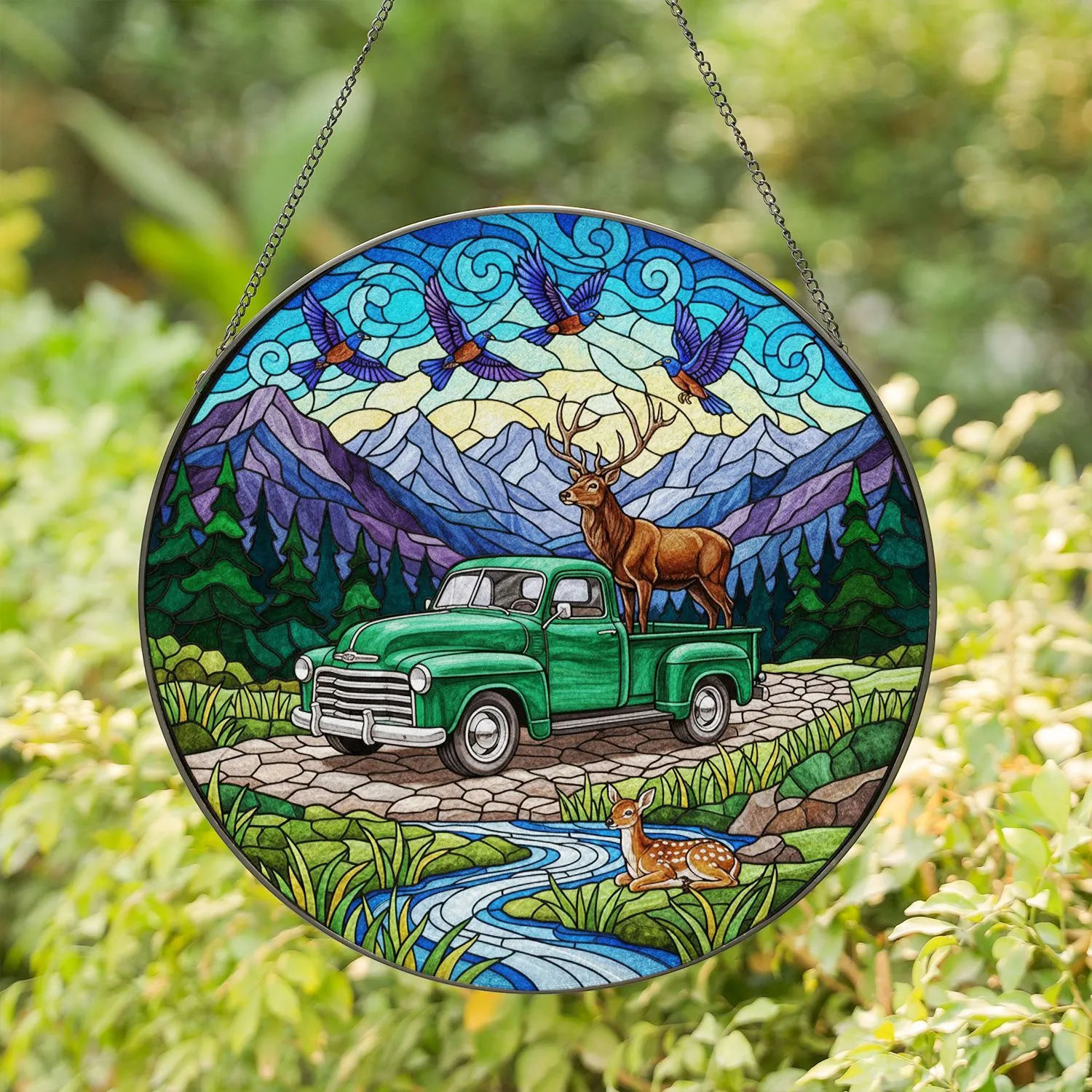Vintage Green Truck Buck Fawn Birds Majestic Mountain Forest Stained Glass Jewel Tone Art Stained Glass Suncatcher - 1