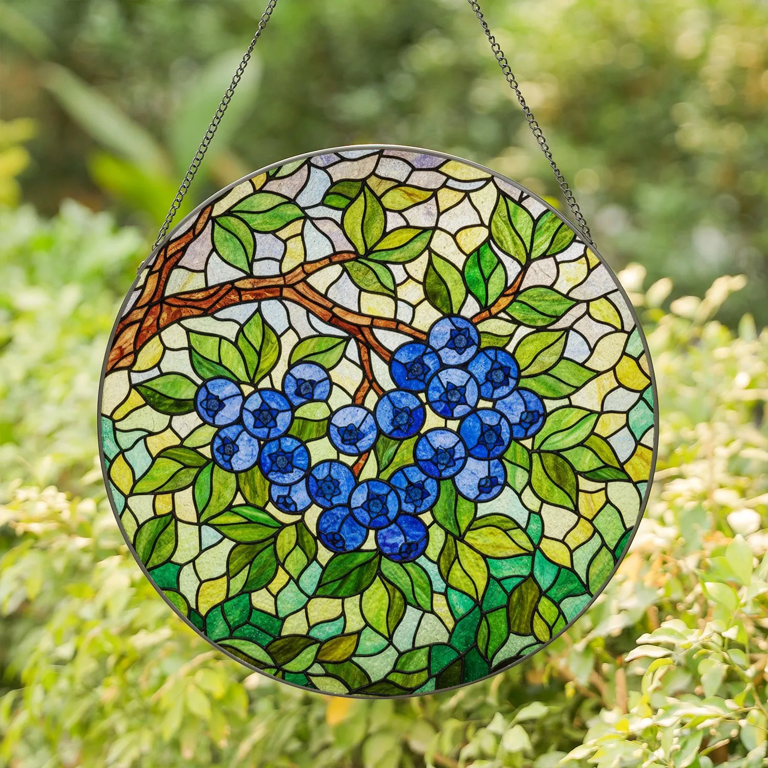 Blueberries Stained Glass Tiffany Art - Dappled Light Forest Fruit Home Decor Gift Stained Glass Suncatcher - 1