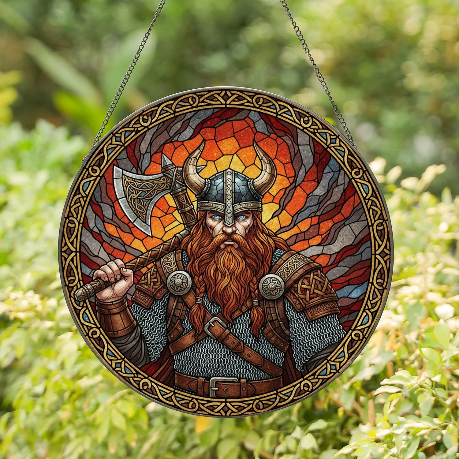 Viking Warrior Battle-Axe Horned Helmet Celtic Knot - Fiery Orange Red Gold Tiffany Style Art Stained Glass Suncatcher - 1