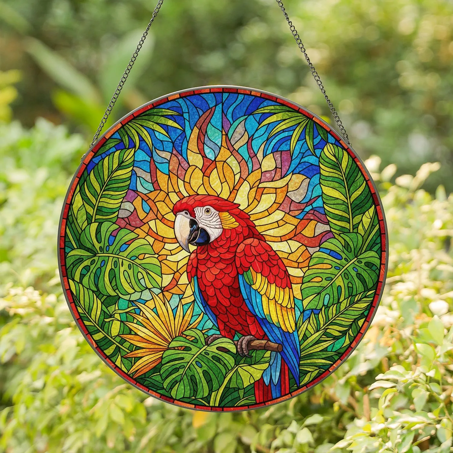 Scarlet Macaw Stained Glass Tiffany Style Tropical Foliage Mosaic Jewel Tones Decor Stained Glass Suncatcher - 1