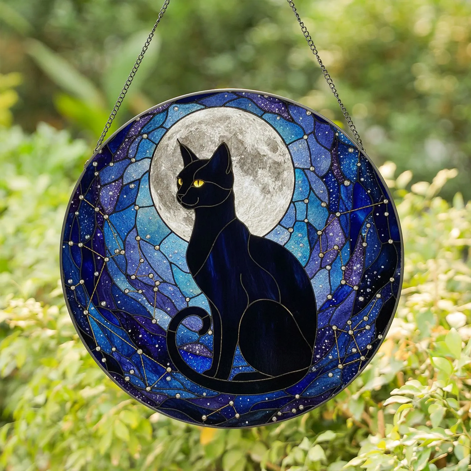 Black Cat Full Moon Stained Glass - Cosmic Galaxy Tiffany Style Cat Lover Gift Stained Glass Suncatcher - 1