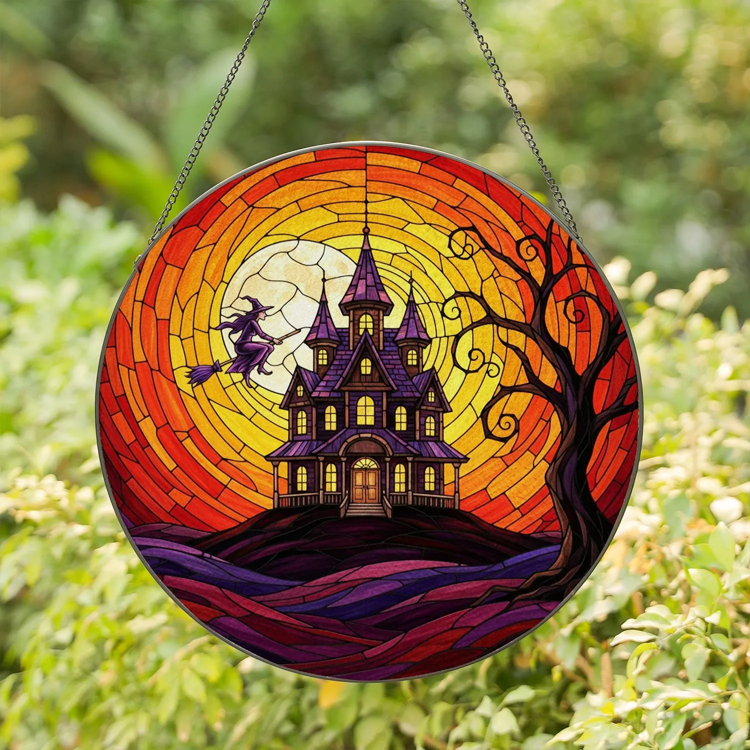Dark Fantasy Gothic Haunted Mansion Witch Full Moon Jewel Tone Tiffany Stained Glass Stained Glass Suncatcher - 1
