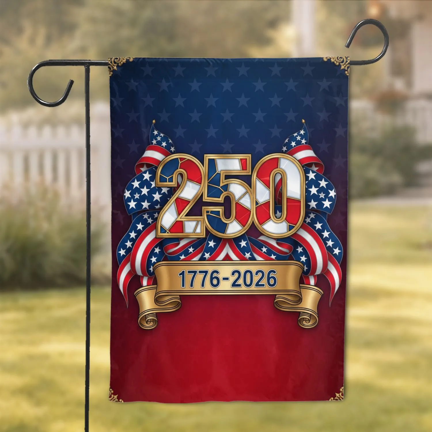 Stained-Glass 250 Emblem American Flag Banners 1776-2026 Patriotic USA 250th Anniversary Garden Flag - 1