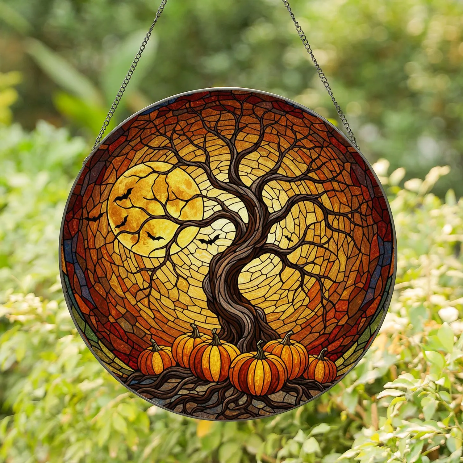 Gnarled Ancient Tree Full Moon Bats Pumpkins Tiffany Style - Autumn Fall Decor Gift Stained Glass Suncatcher - 1