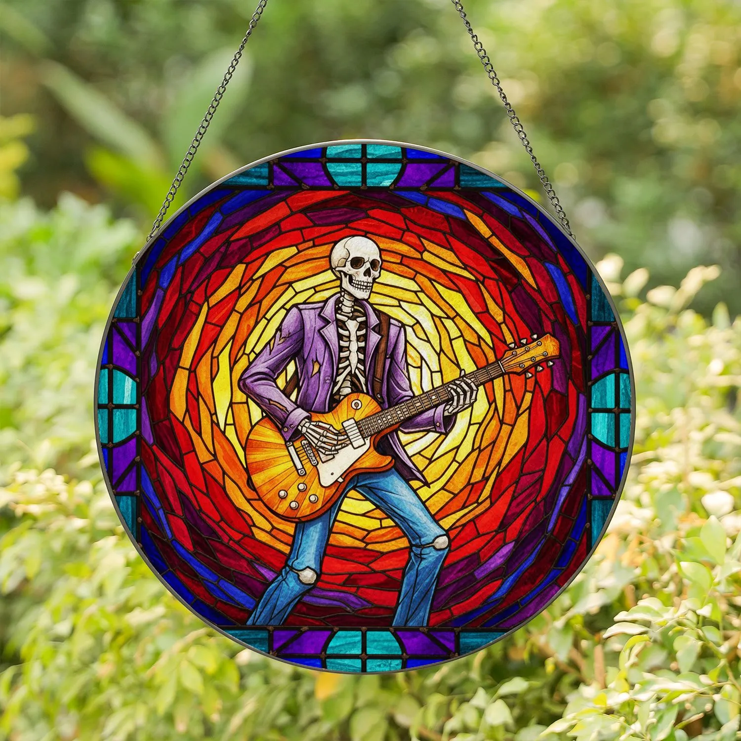 Grinning Skeleton Electric Guitar Tiffany Glass Mosaic - Teal Blue Geometric Border Art Stained Glass Suncatcher - 1