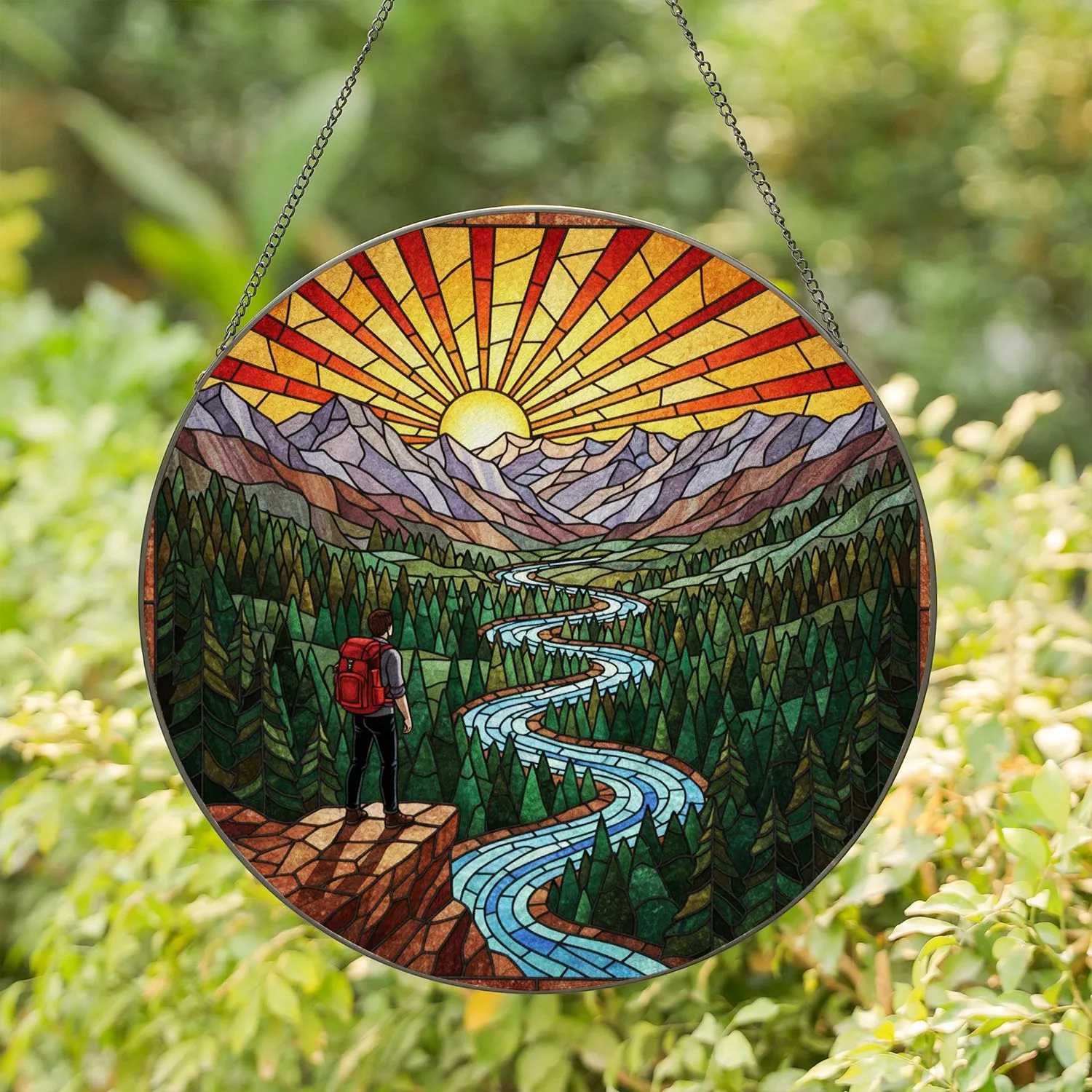 Mountain Hiker Cliff Edge View - Stained Glass Nature Art Outdoor Adventure Gift Stained Glass Suncatcher - 1