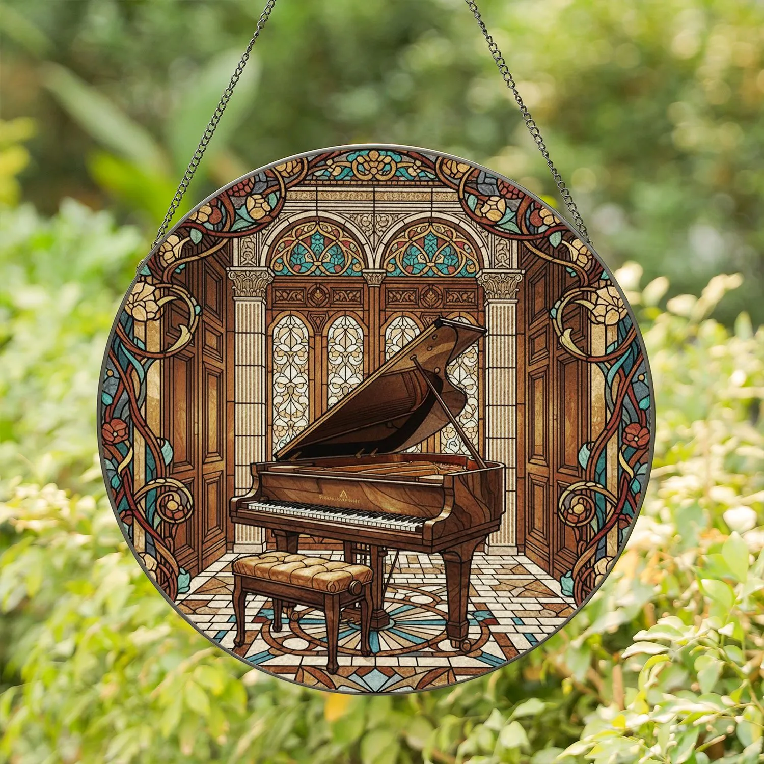 Stained Glass Grand Piano Art Nouveau Room Mosaic - Jewel Tone Music Decor Gift Stained Glass Suncatcher - 1