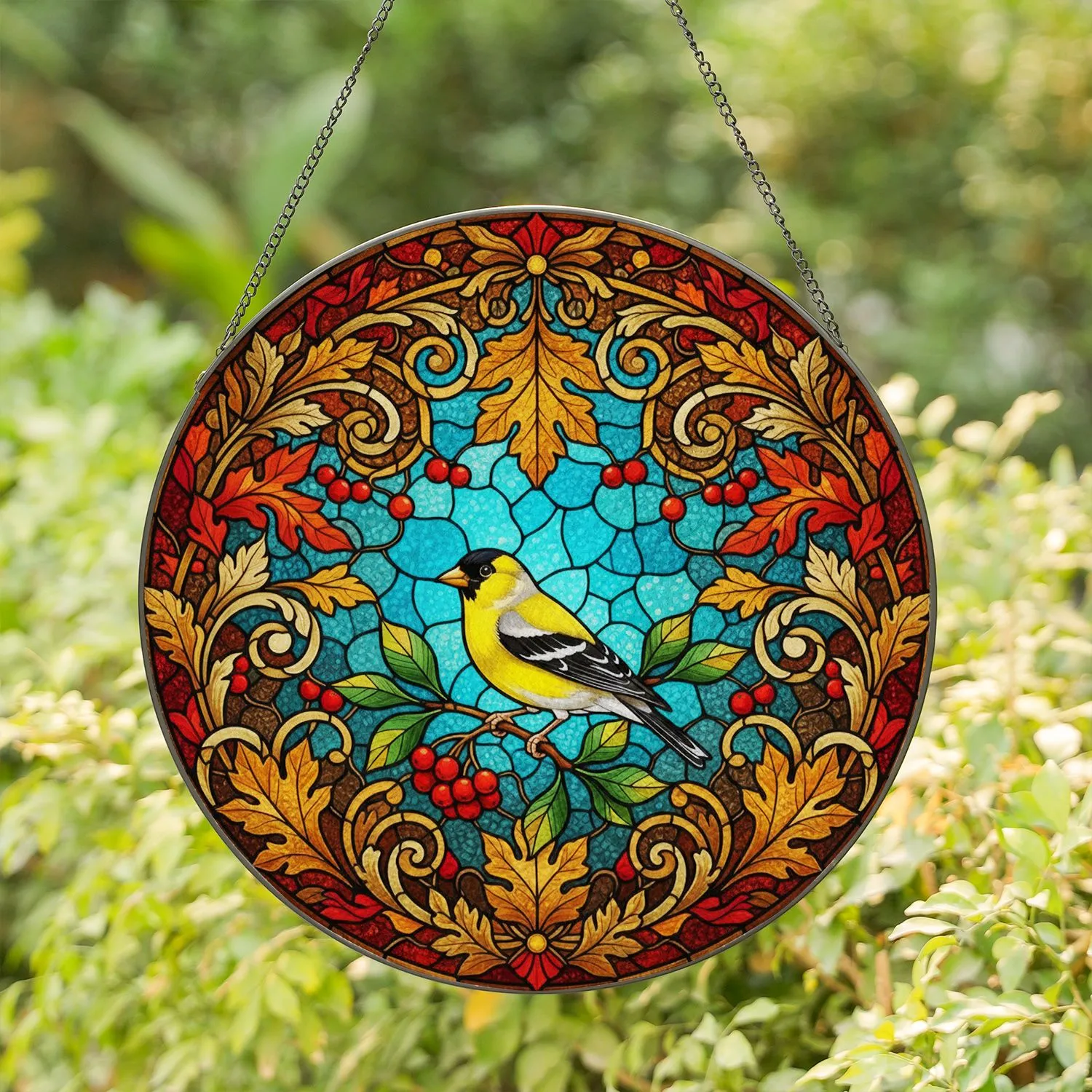 American Goldfinch Bird Tiffany Style Stained Glass Autumn Leaves Berries Teal Sky Stained Glass Suncatcher - 1