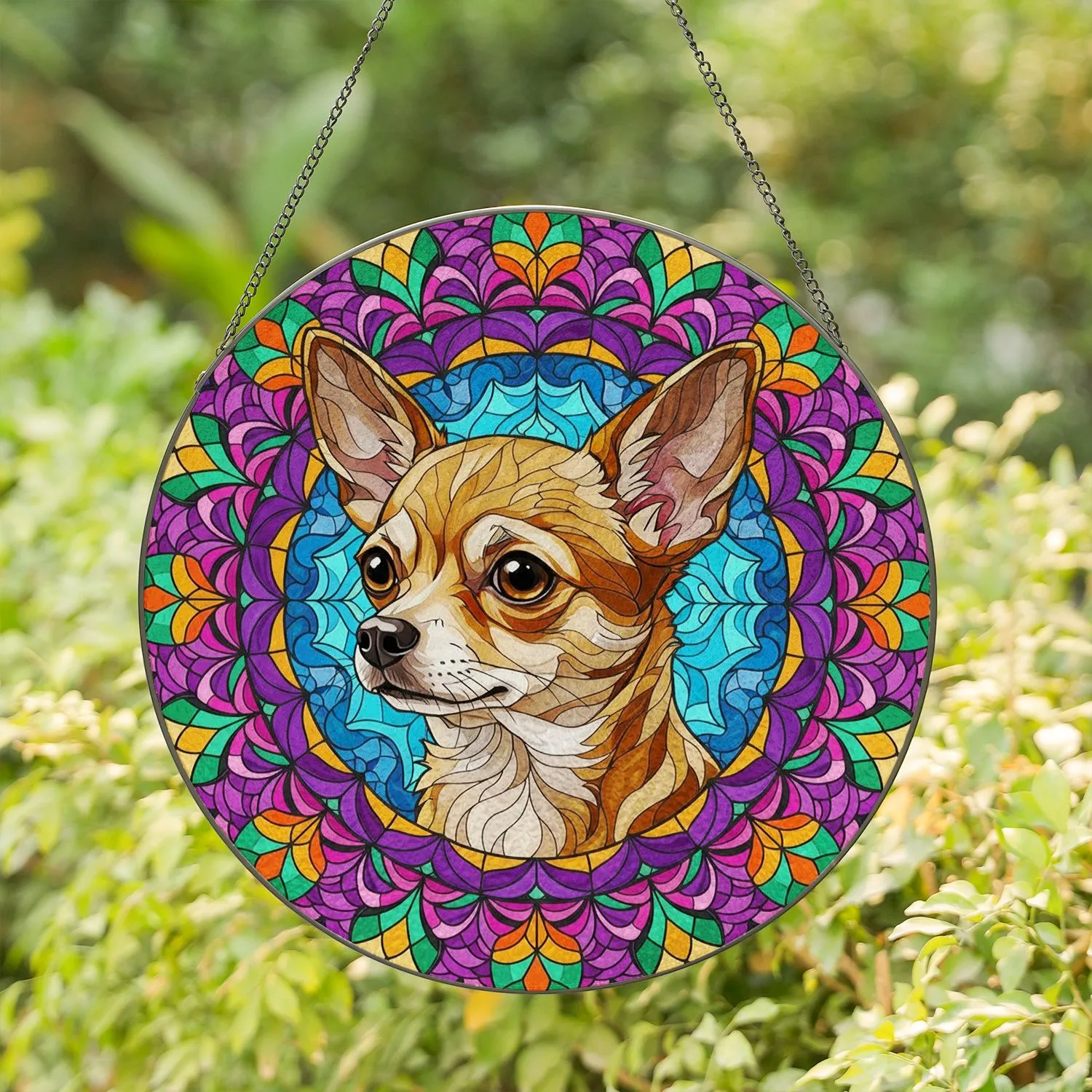 Tiffany Stained Glass Fawn Chihuahua Dog Mosaic Art - Intricate Floral Mandala Pet Decor Stained Glass Suncatcher - 1