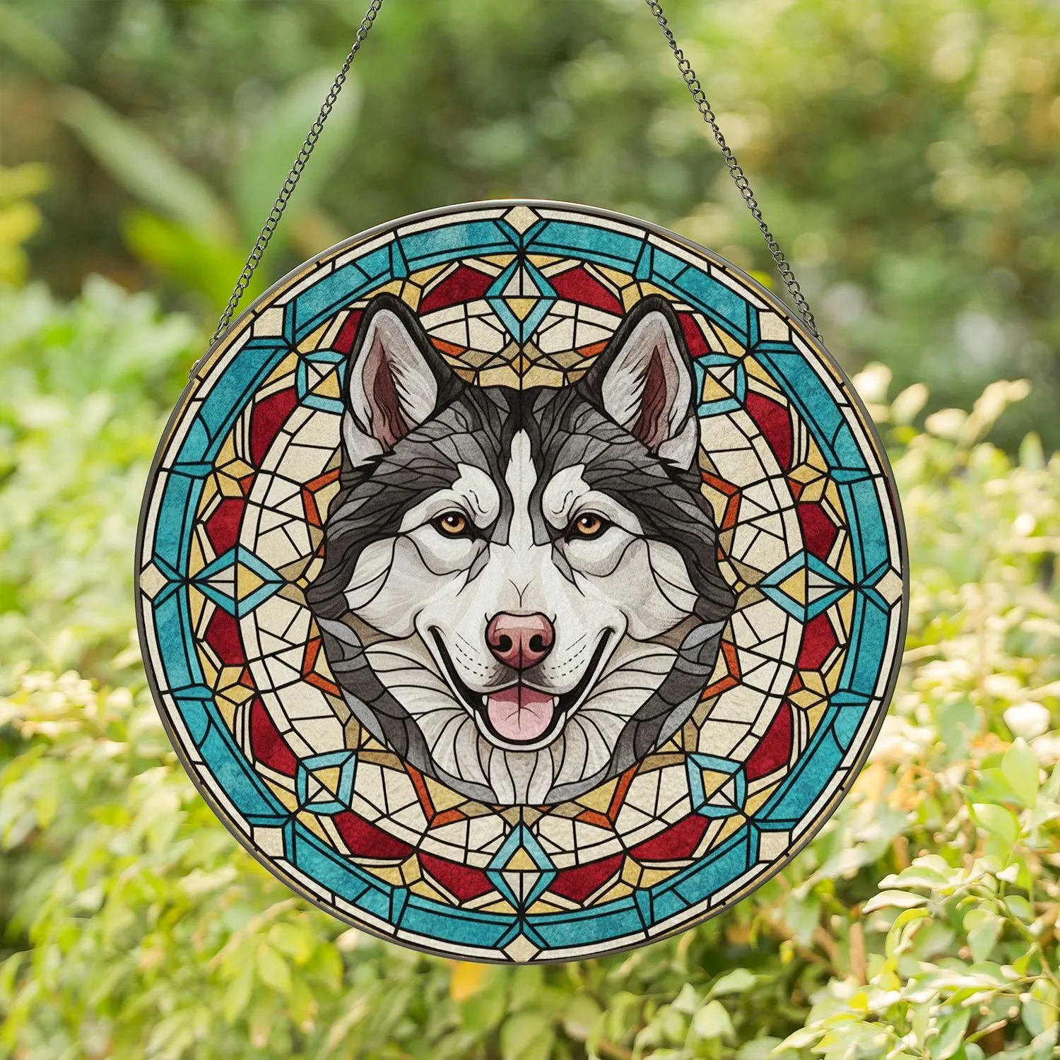 Majestic Husky Dog Head Stained Glass Art - Tiffany Style Geometric Mosaic Stained Glass Suncatcher - 1
