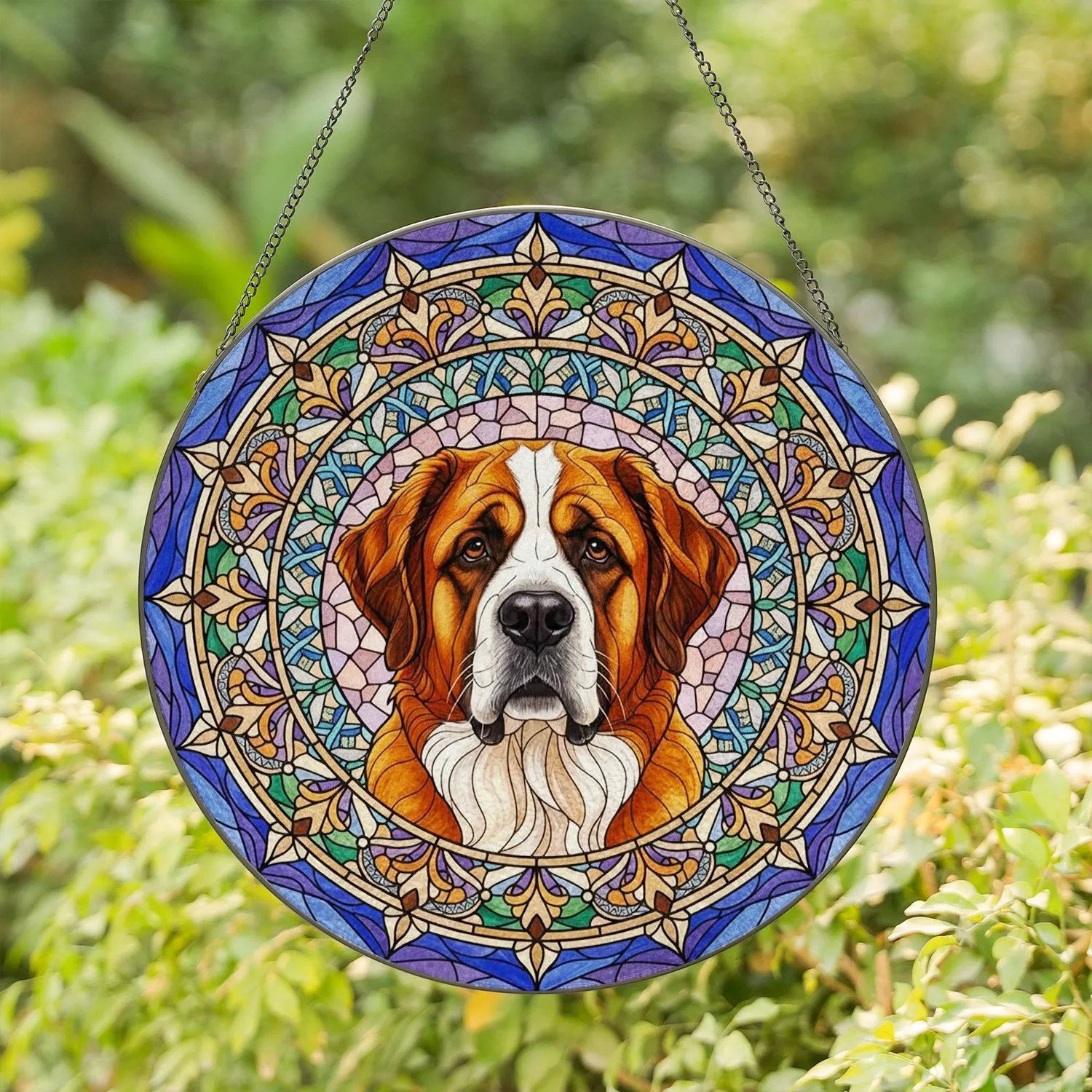 Saint Bernard Dog Portrait Stained Glass - Tiffany Style Jewel Tone Mosaic Art Window Decor Stained Glass Suncatcher - 1