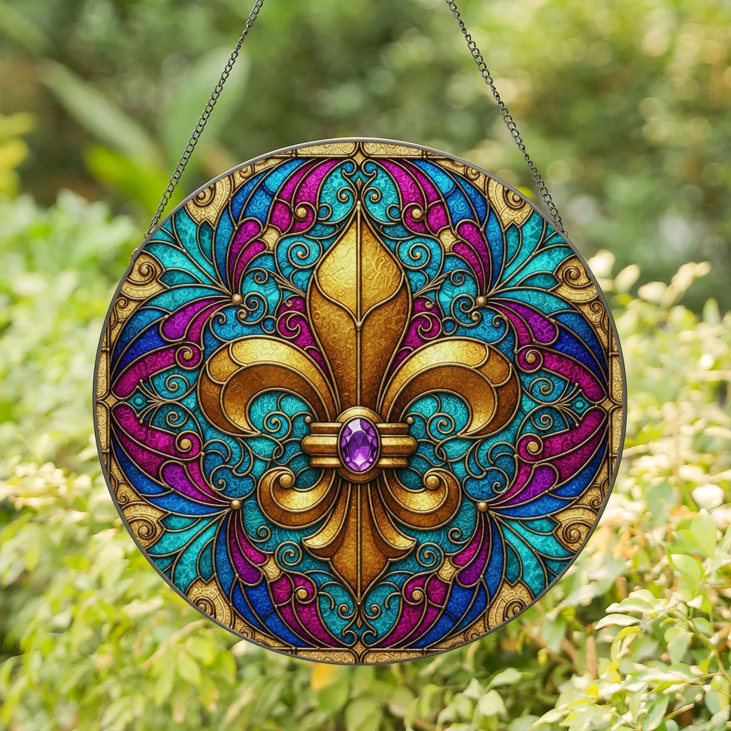 Golden Fleur-de-lis Tiffany Stained Glass Jewel Tone Embossed Metallic Scrollwork Stained Glass Suncatcher - 1