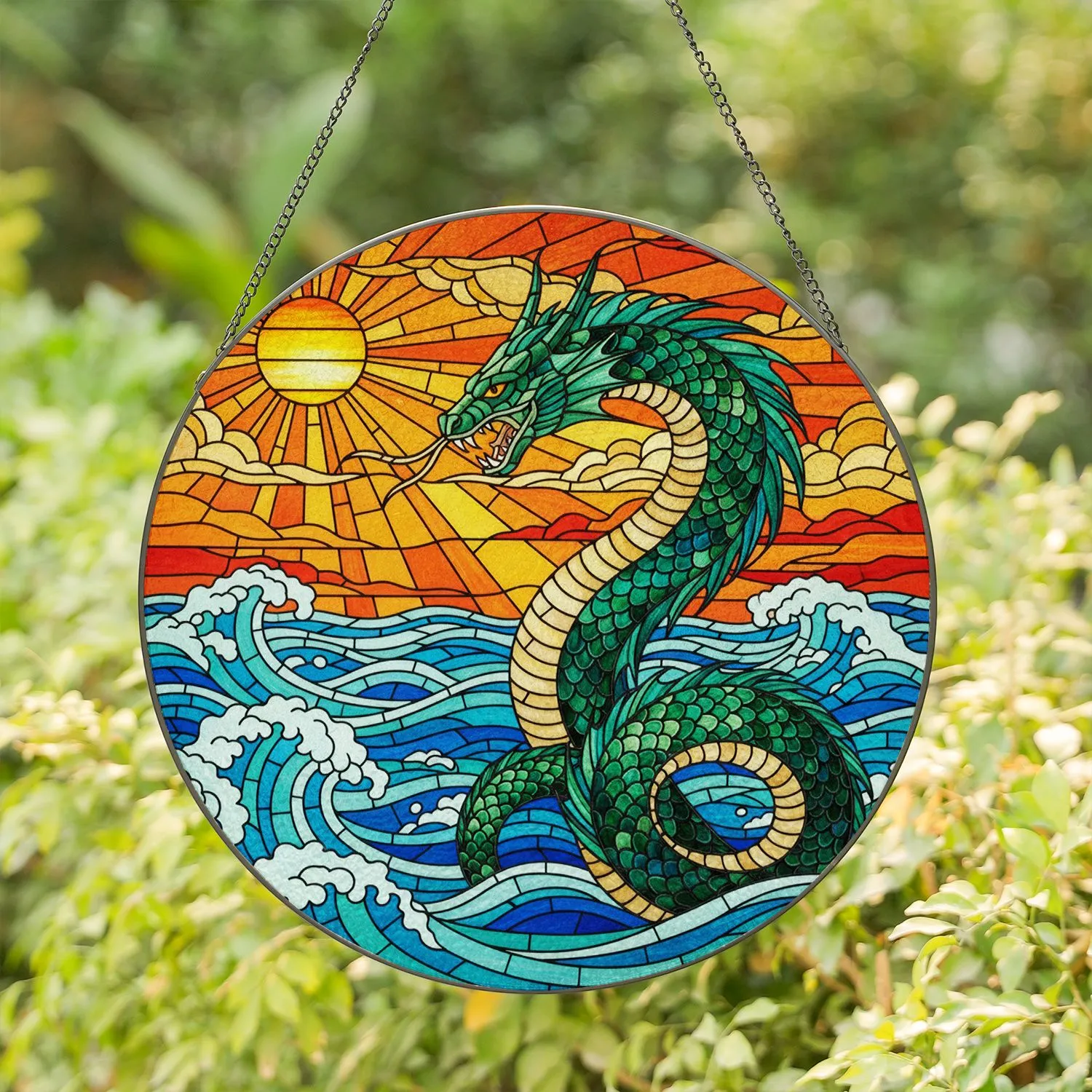Majestic Sea Dragon Leviathan Sunset Ocean Waves Tiffany Glass Intricate Seascape Stained Glass Suncatcher - 1
