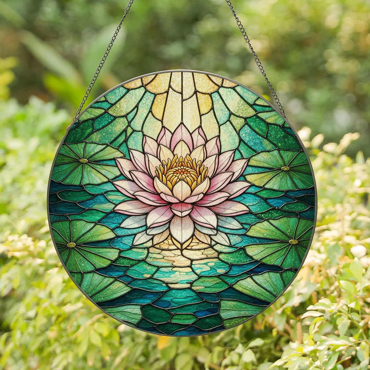 Water Lily Pond Stained Glass Art - Glowing Jewel Tone Lotus Flower Design Stained Glass Suncatcher - 1