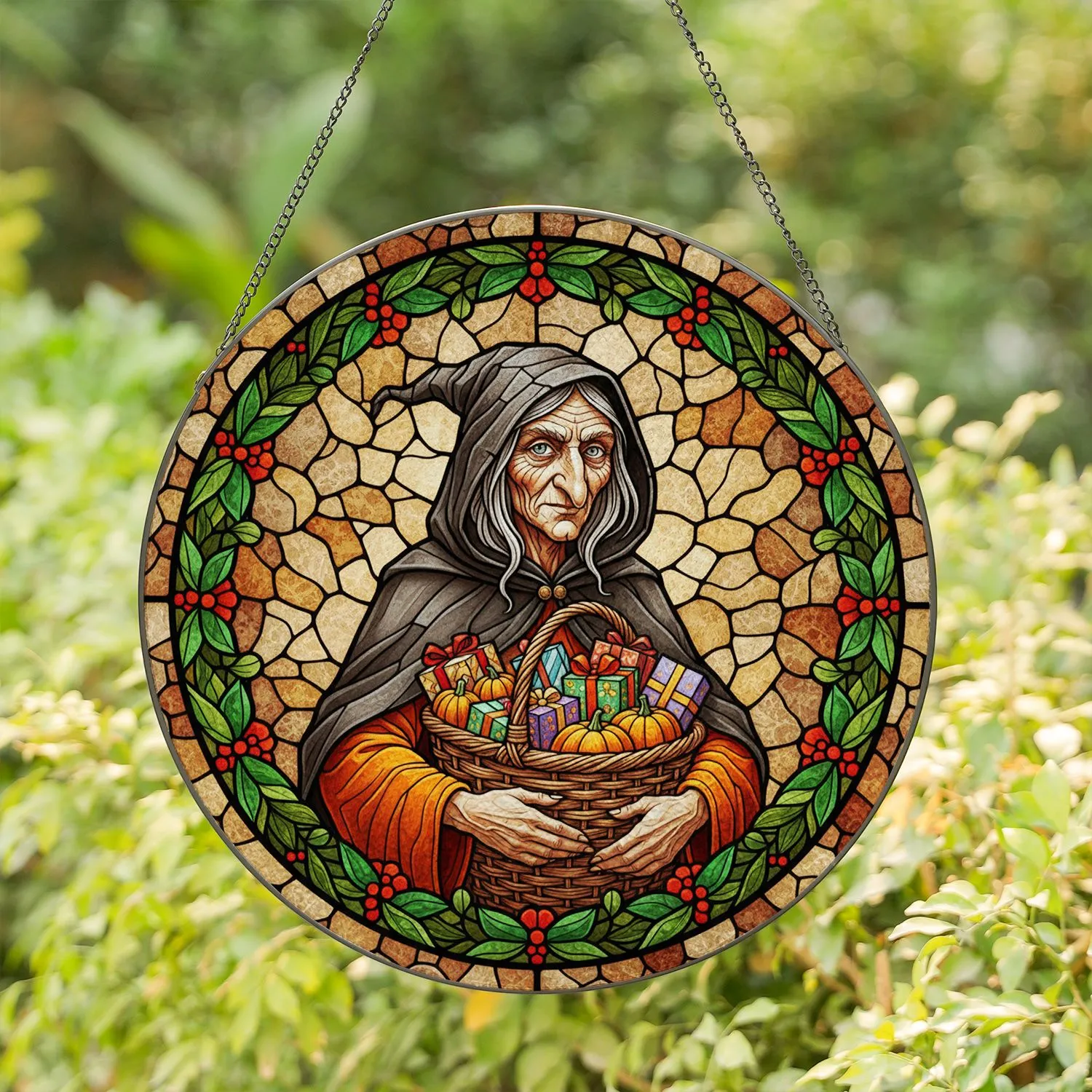 Old Witch Basket of Gifts & Autumn Pumpkins, Wreath - Tiffany Glass Style Decor Stained Glass Suncatcher - 1
