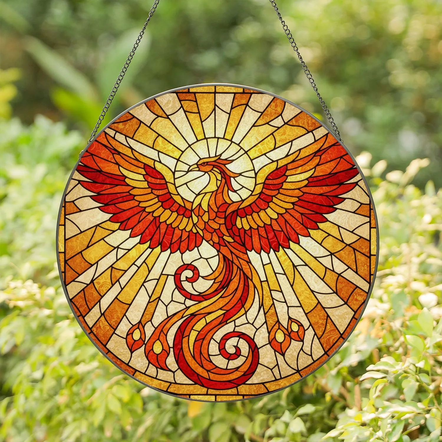 Majestic Phoenix Stained Glass - Fiery Wings Mosaic Art Tiffany Style Decor Accent Stained Glass Suncatcher - 1