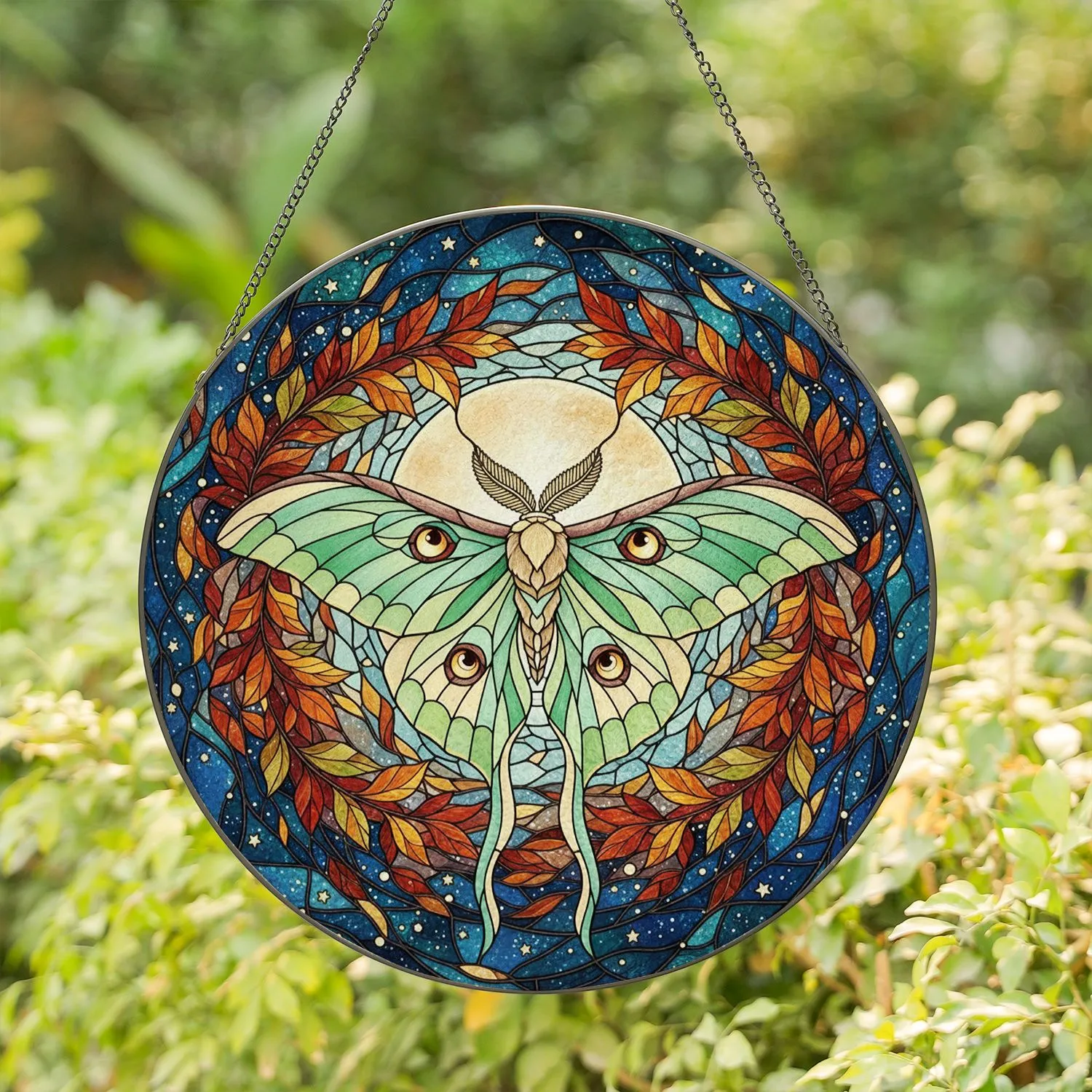 Luna Moth Stained Glass Cosmic Night Sky Autumn Leaves Full Moon Jewel Tones Stained Glass Suncatcher - 1