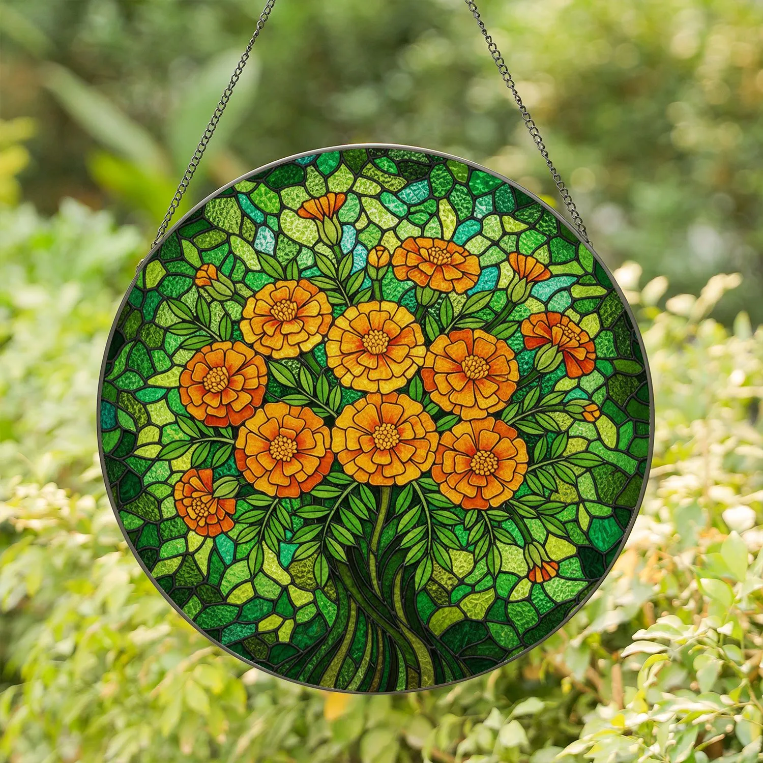 Marigold Flowers Stained Glass - Tiffany Style Buds Leaves Foliage Full Bloom Stained Glass Suncatcher - 1