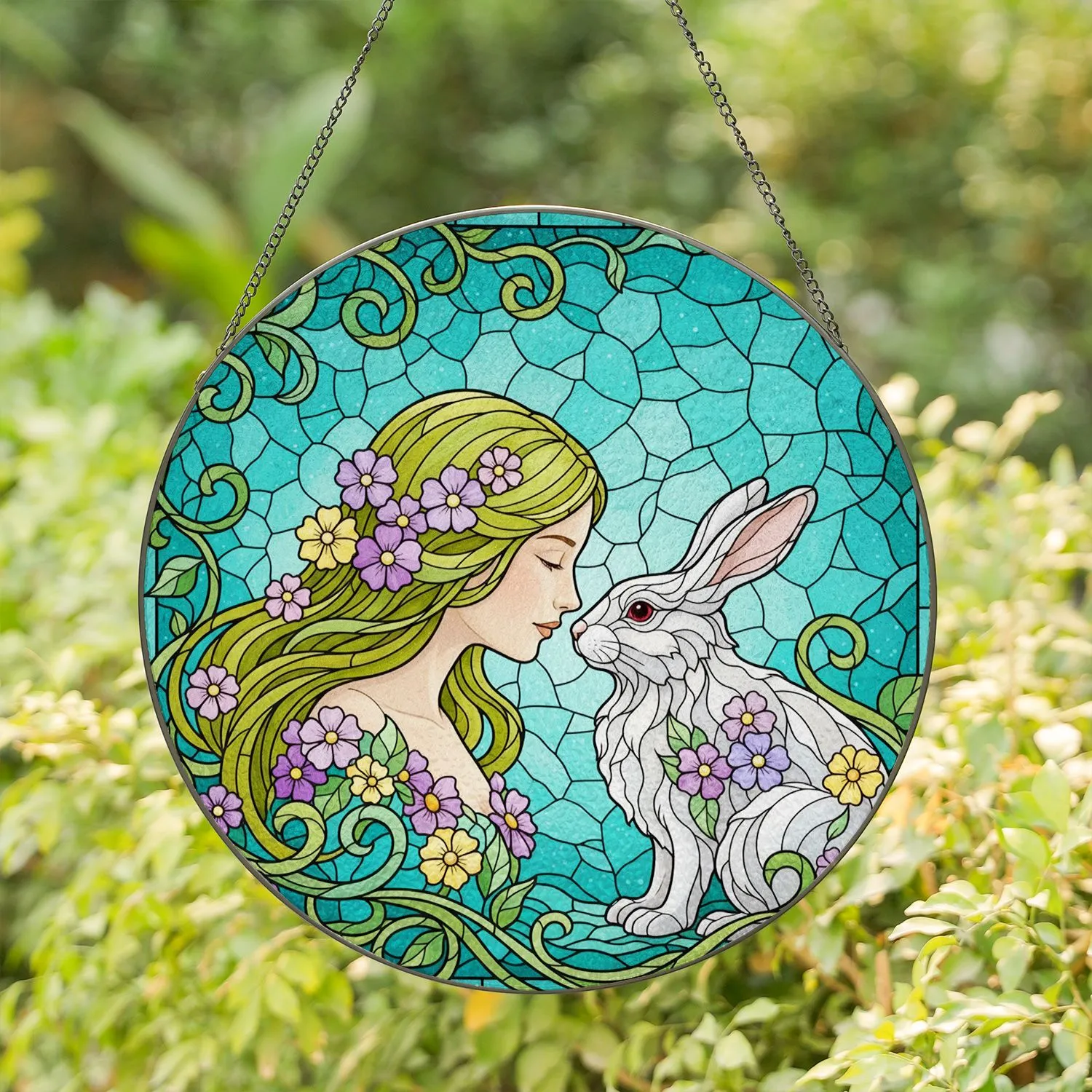 Woman Rabbit Nuzzling - Glowing Tiffany Stained Glass Flowers Aqua Teal Decor Gift Stained Glass Suncatcher - 1