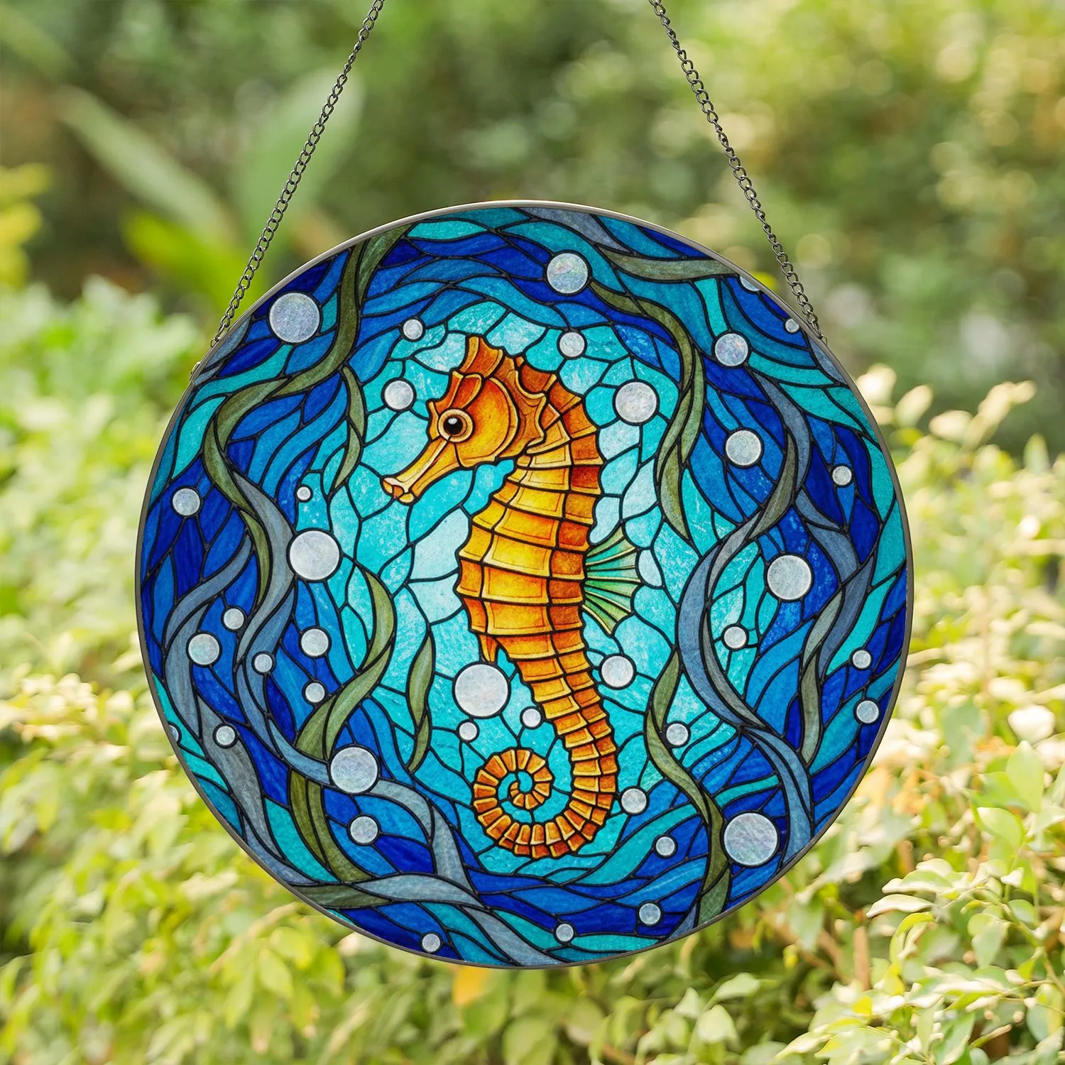 Seahorse Tiffany Stained Glass - Underwater Mosaic Jewel Tone Ocean Currents Stained Glass Suncatcher - 1