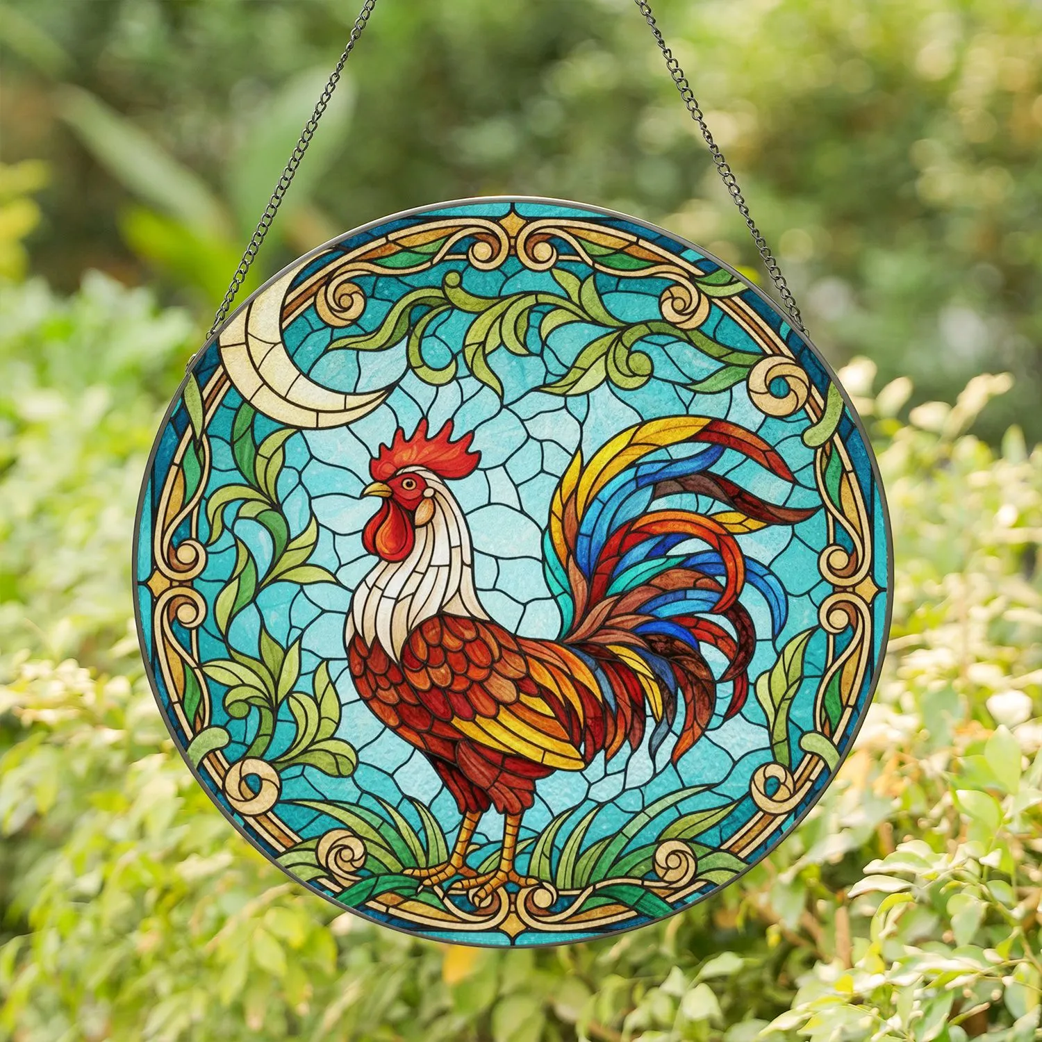 Majestic Rooster Stained Glass Tiffany Art - Crescent Moon Teal Sky Ornate Intricate Foliage Stained Glass Suncatcher - 1