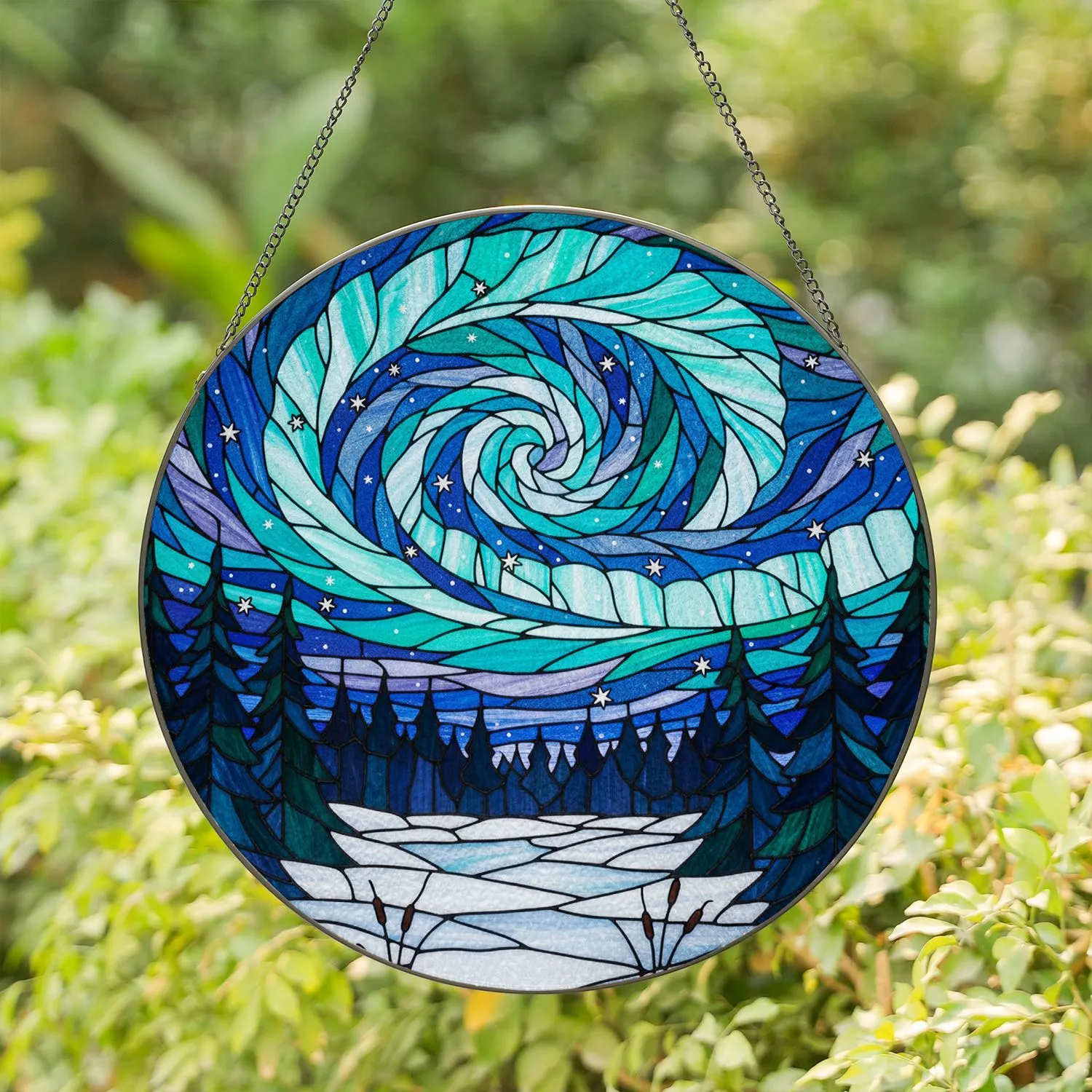 Nocturnal Winter Forest Evergreen Trees Aurora Borealis Snowy River Stained Glass Stained Glass Suncatcher - 1